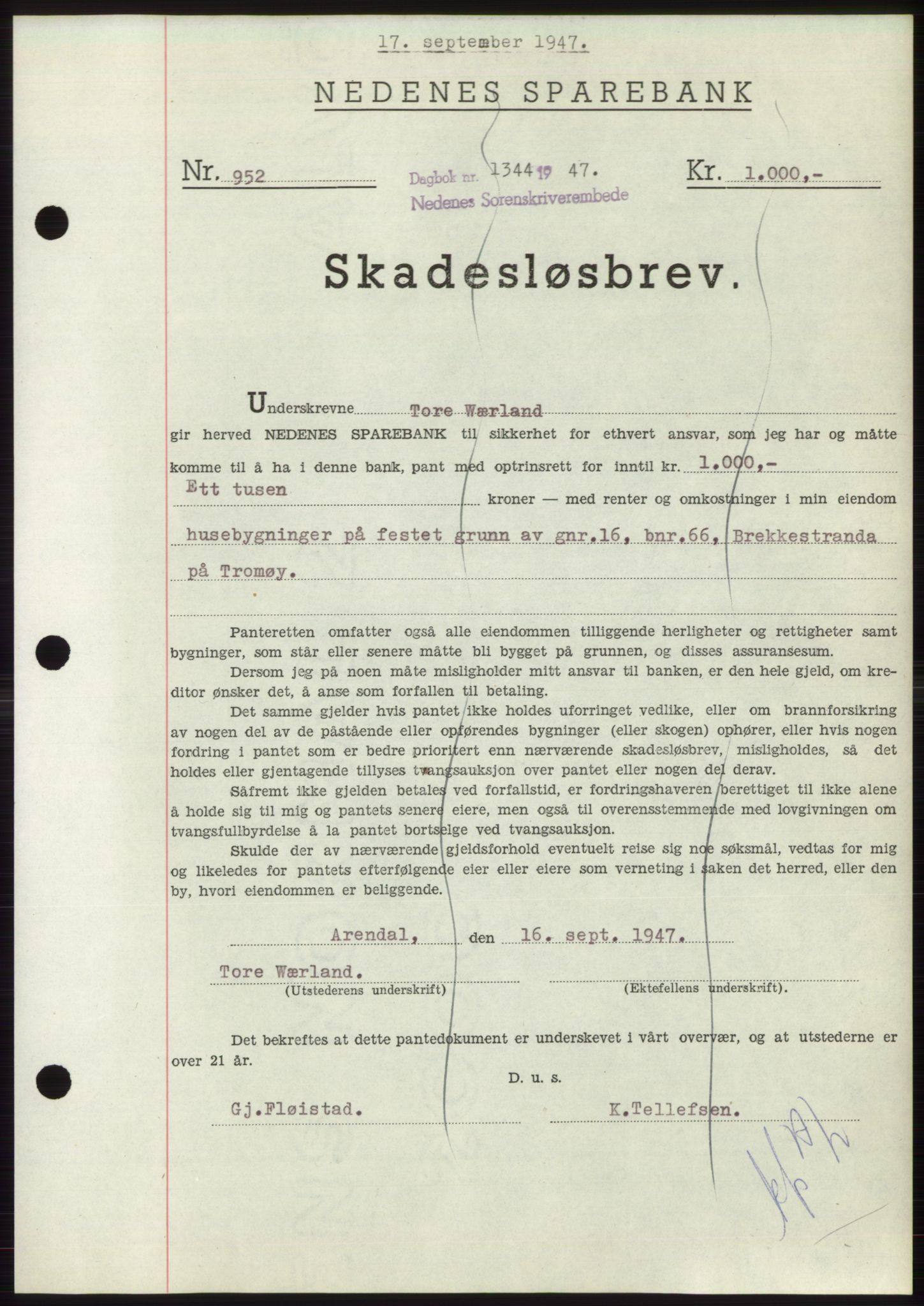 Nedenes sorenskriveri, AV/SAK-1221-0006/G/Gb/Gbb/L0004: Mortgage book no. B4, 1947-1947, Diary no: : 1344/1947