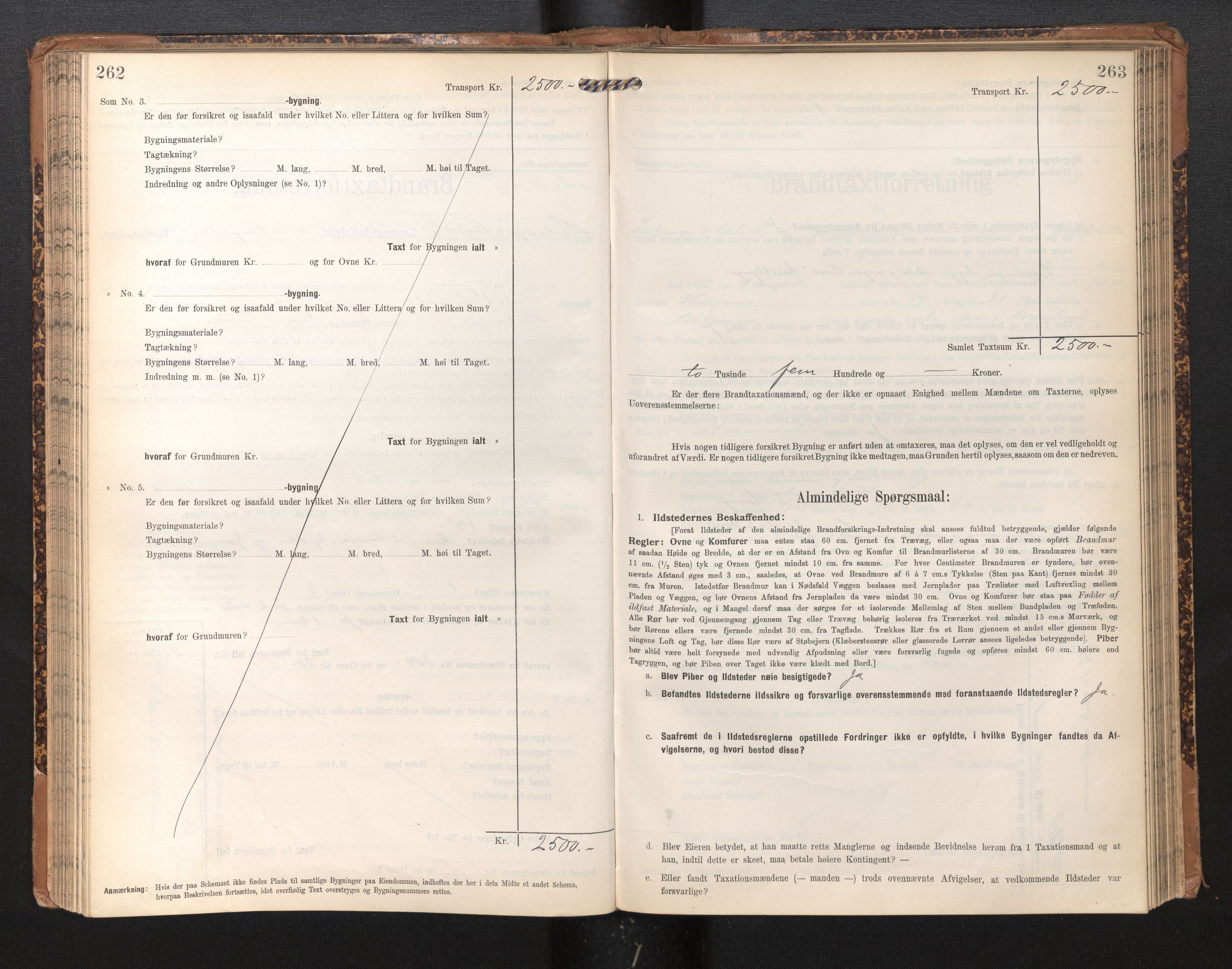 Lensmannen i Leikanger, AV/SAB-A-29201/0012/L0005: Branntakstprotokoll, skjematakst, 1907-1917, p. 262-263