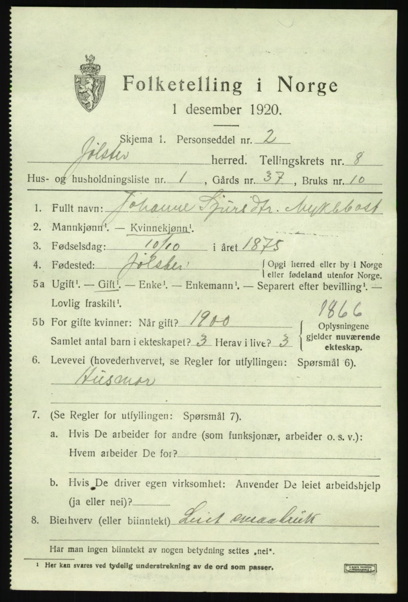 SAB, 1920 census for Jølster, 1920, p. 4012