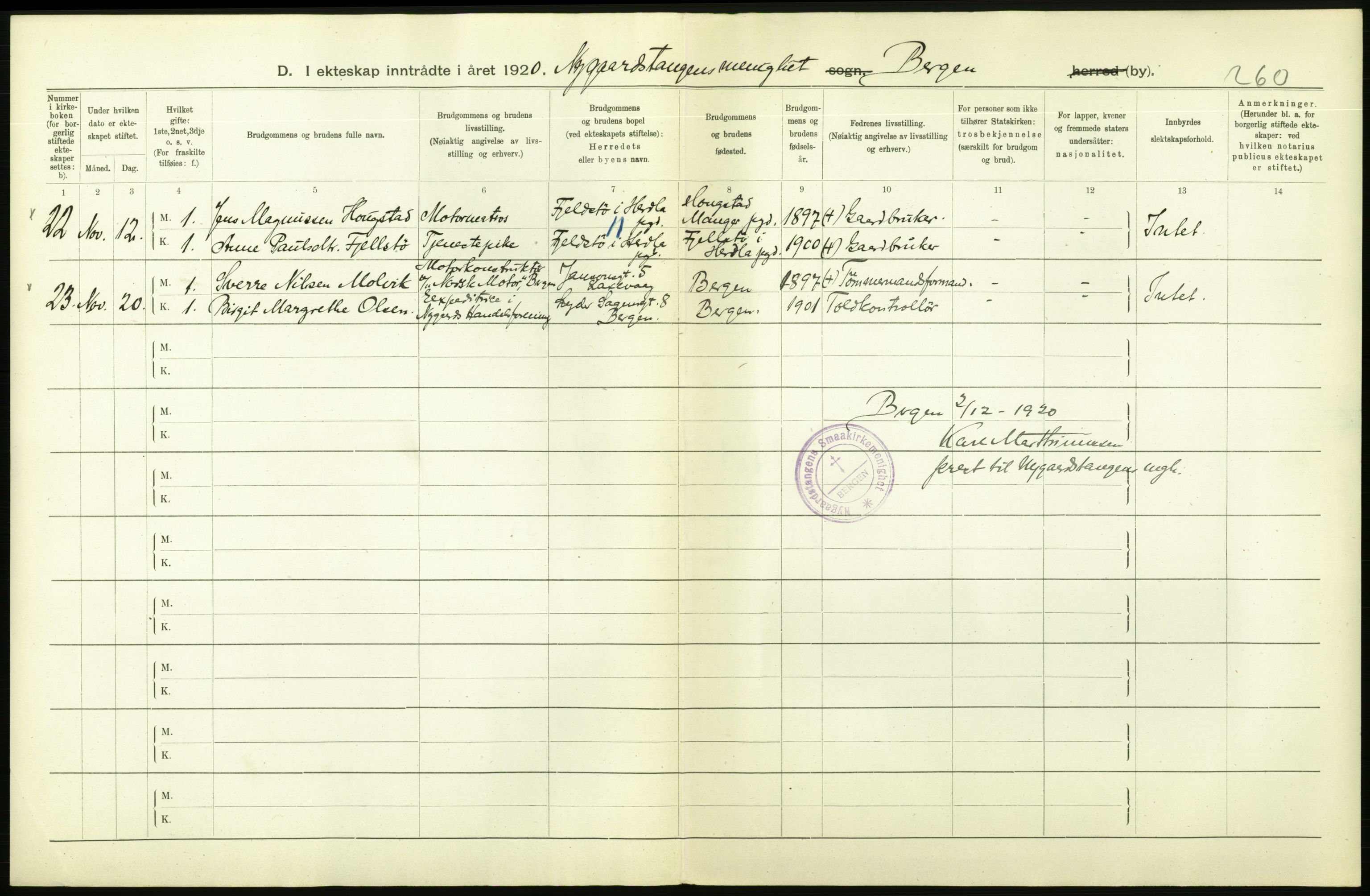 Statistisk sentralbyrå, Sosiodemografiske emner, Befolkning, AV/RA-S-2228/D/Df/Dfb/Dfbj/L0042: Bergen: Gifte, døde, dødfødte., 1920, p. 6