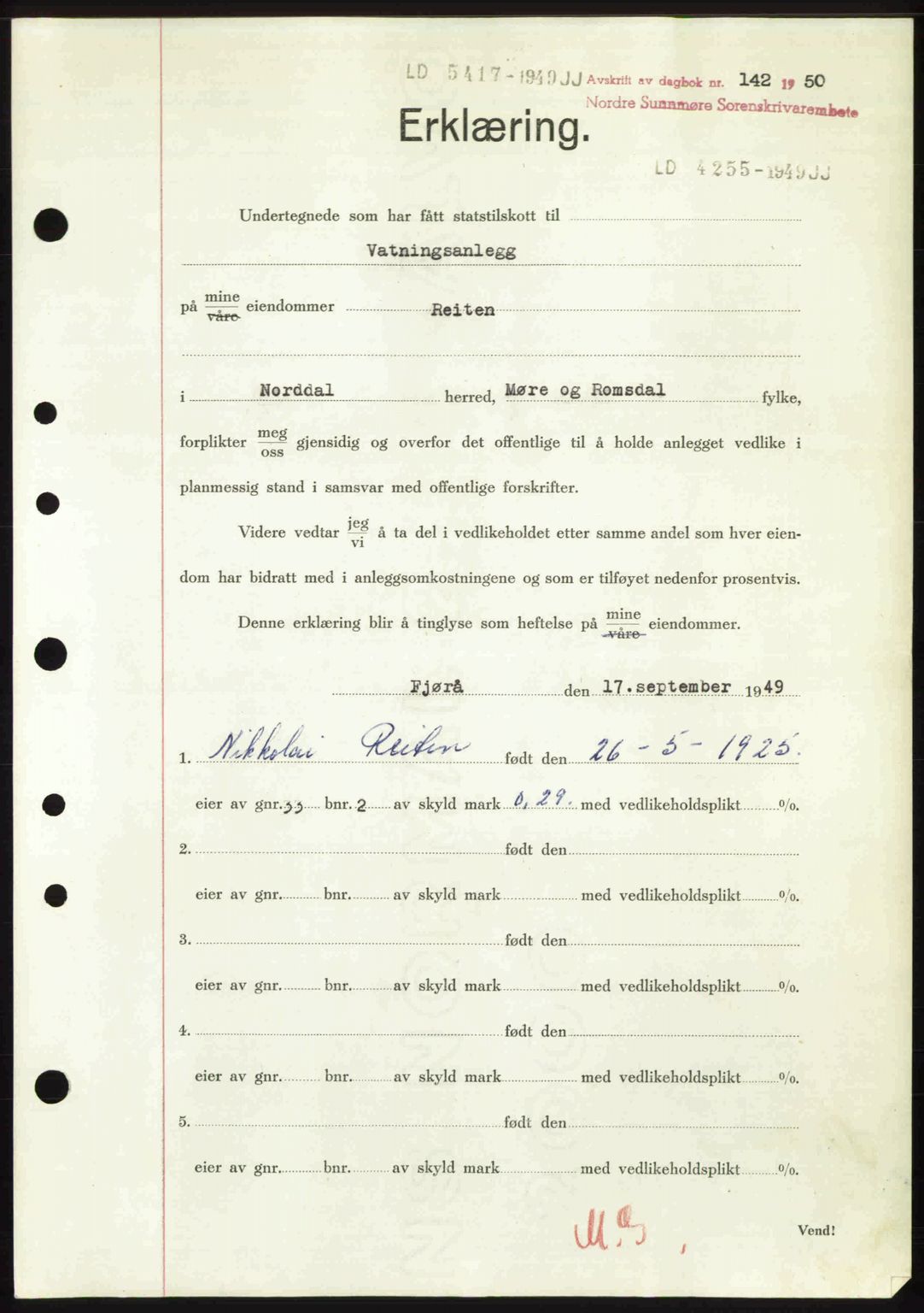 Nordre Sunnmøre sorenskriveri, AV/SAT-A-0006/1/2/2C/2Ca: Mortgage book no. A33, 1949-1950, Diary no: : 142/1950