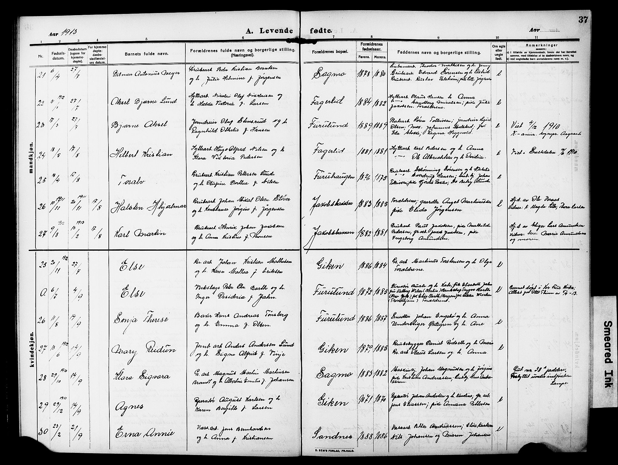 Ministerialprotokoller, klokkerbøker og fødselsregistre - Nordland, SAT/A-1459/850/L0710: Parish register (official) no. 850A02, 1910-1920, p. 37