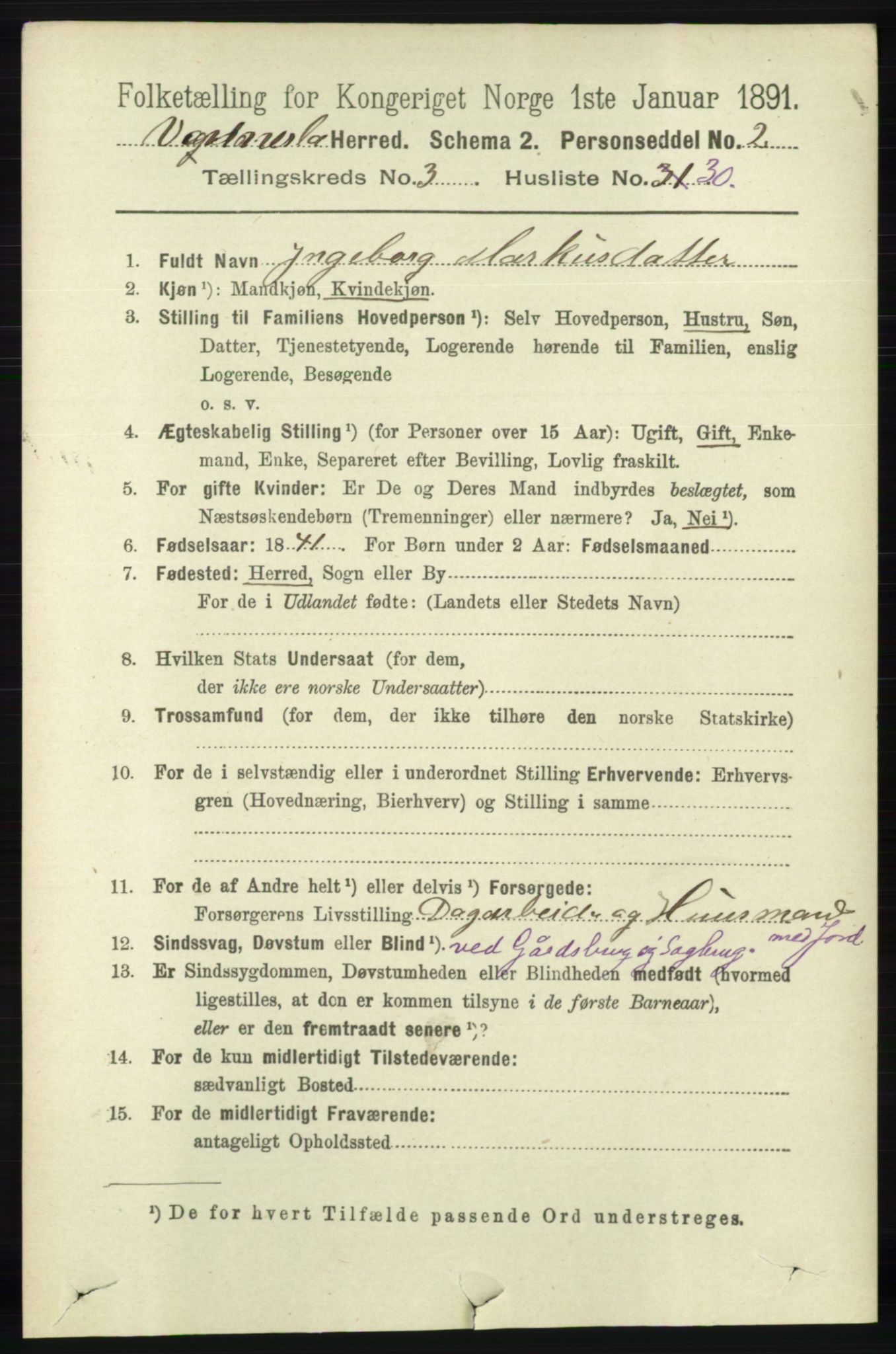 RA, 1891 census for 1014 Vennesla, 1891, p. 825