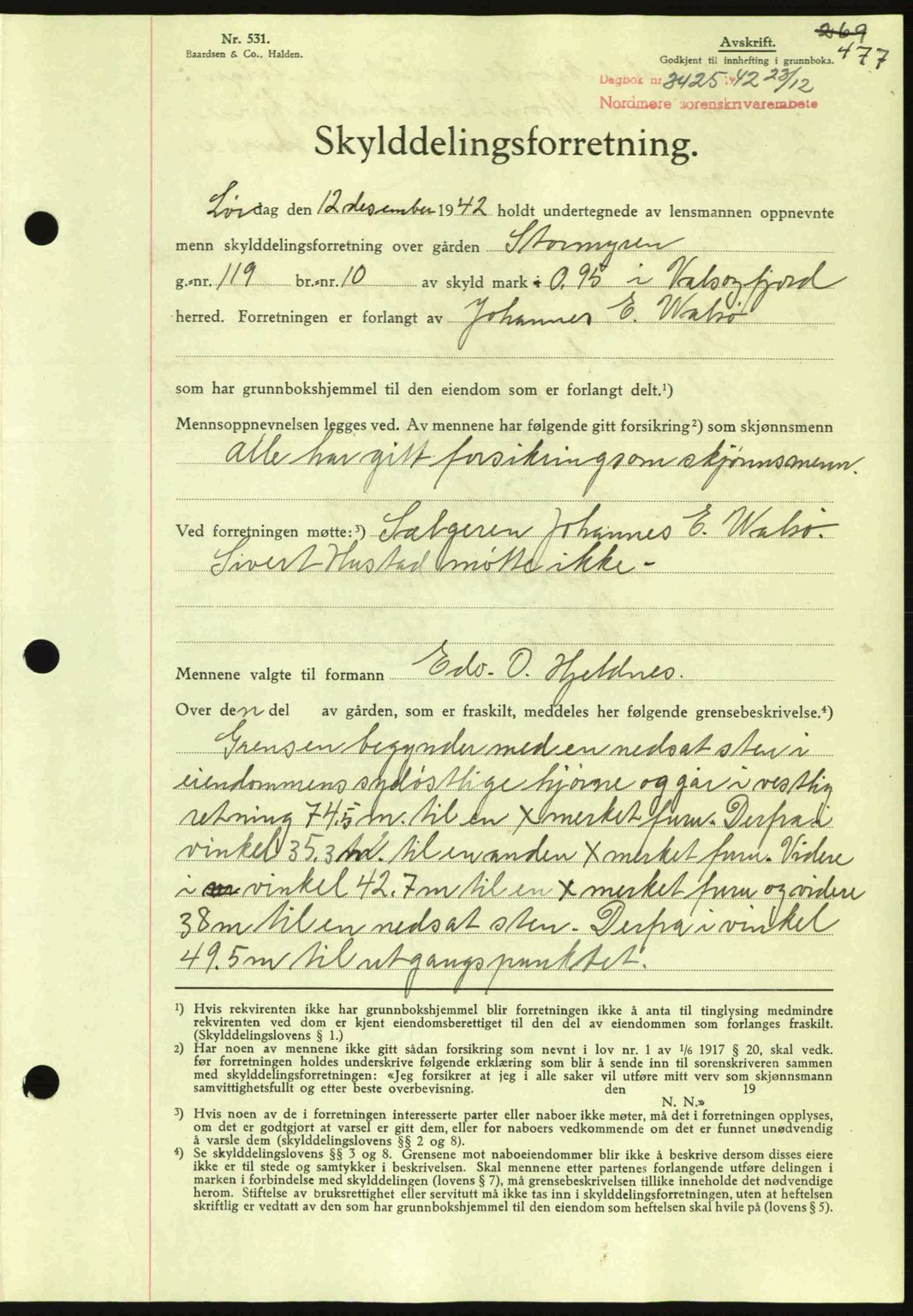 Nordmøre sorenskriveri, AV/SAT-A-4132/1/2/2Ca: Mortgage book no. A94, 1942-1943, Diary no: : 3425/1942