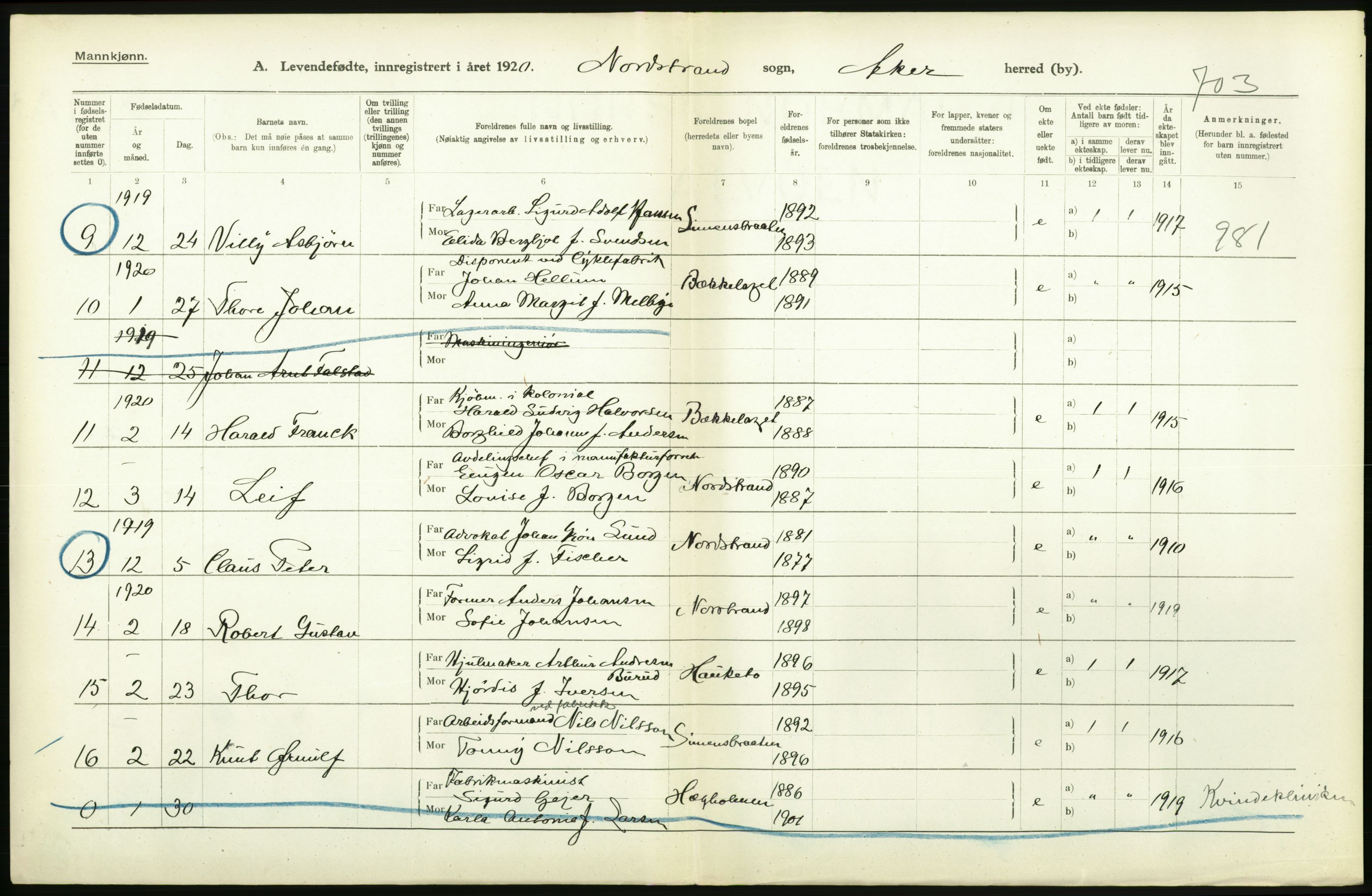 Statistisk sentralbyrå, Sosiodemografiske emner, Befolkning, RA/S-2228/D/Df/Dfb/Dfbj/L0004: Akershus fylke: Levendefødte menn og kvinner. Bygder., 1920, p. 258