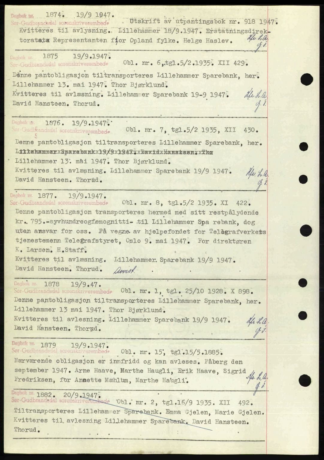 Sør-Gudbrandsdal tingrett, SAH/TING-004/H/Hb/Hbf/L0002: Mortgage book no. C1, 1938-1951, Diary no: : 1874/1947