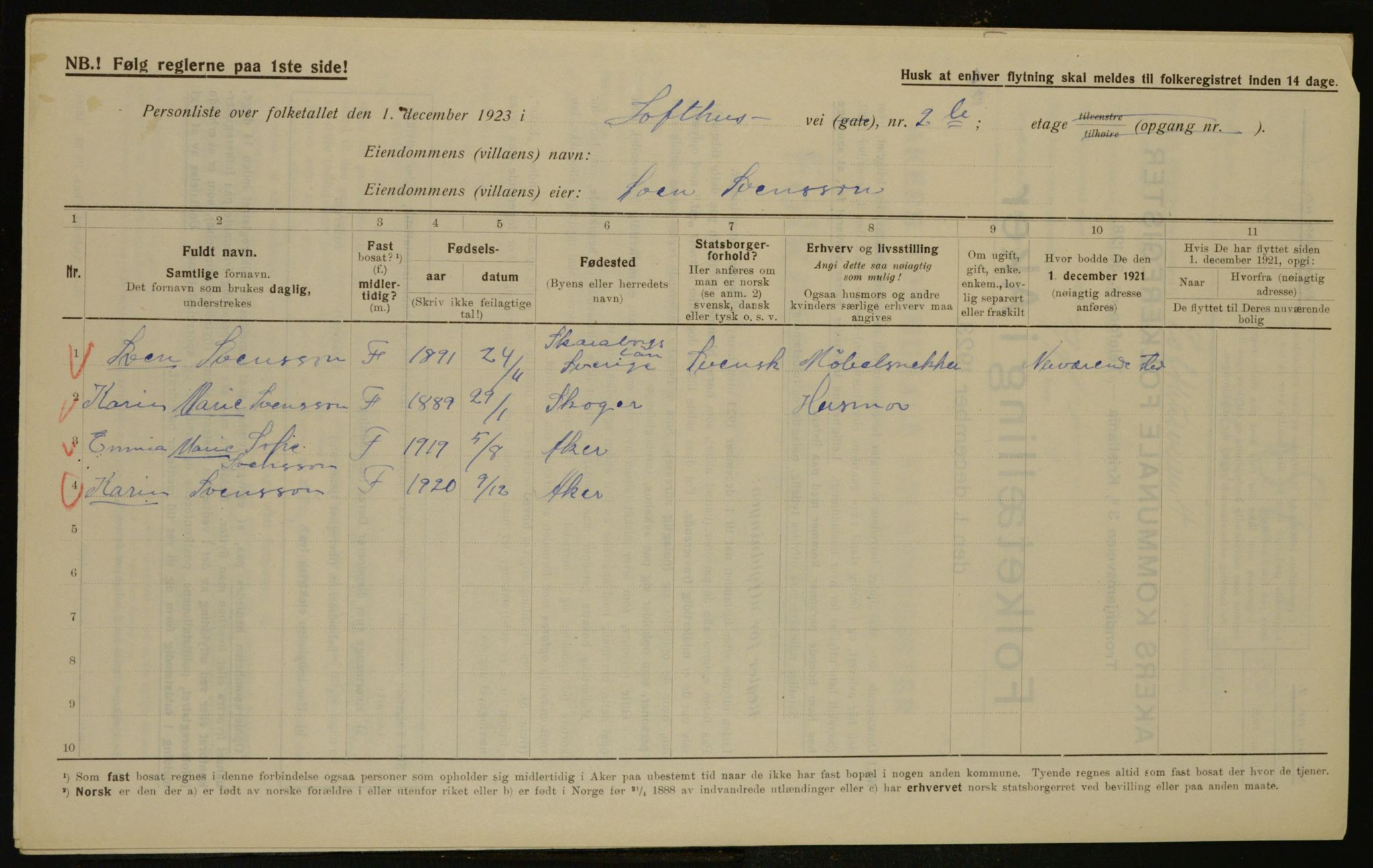 , Municipal Census 1923 for Aker, 1923, p. 14537