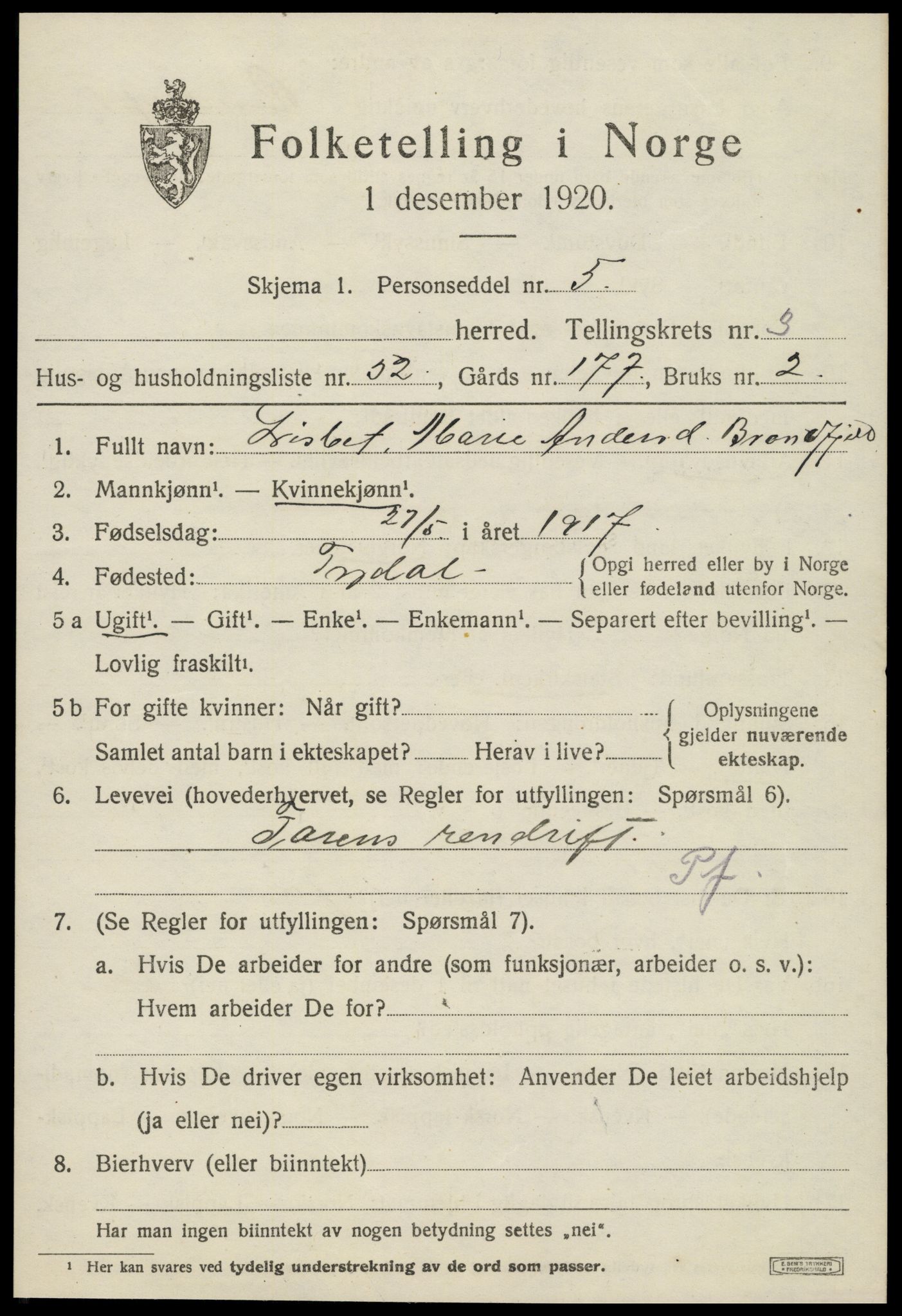 SAT, 1920 census for Tydal, 1920, p. 1501