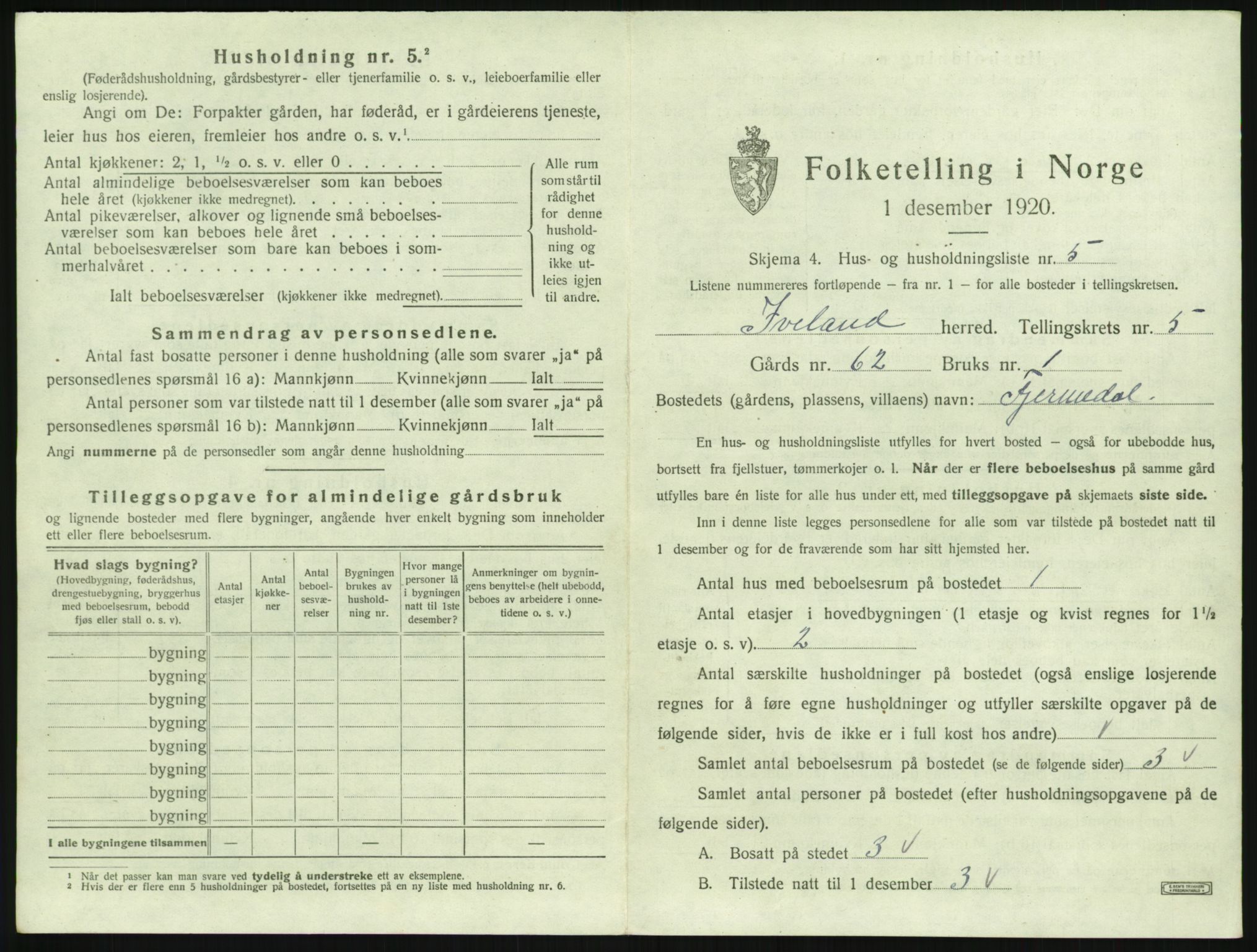 SAK, 1920 census for Iveland, 1920, p. 249