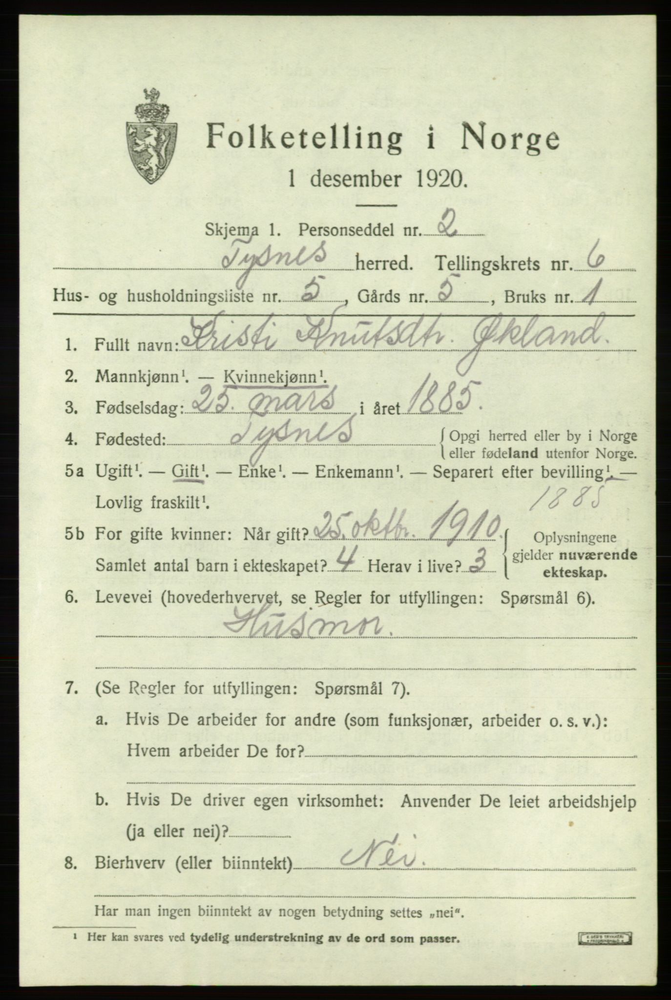 SAB, 1920 census for Tysnes, 1920, p. 4406