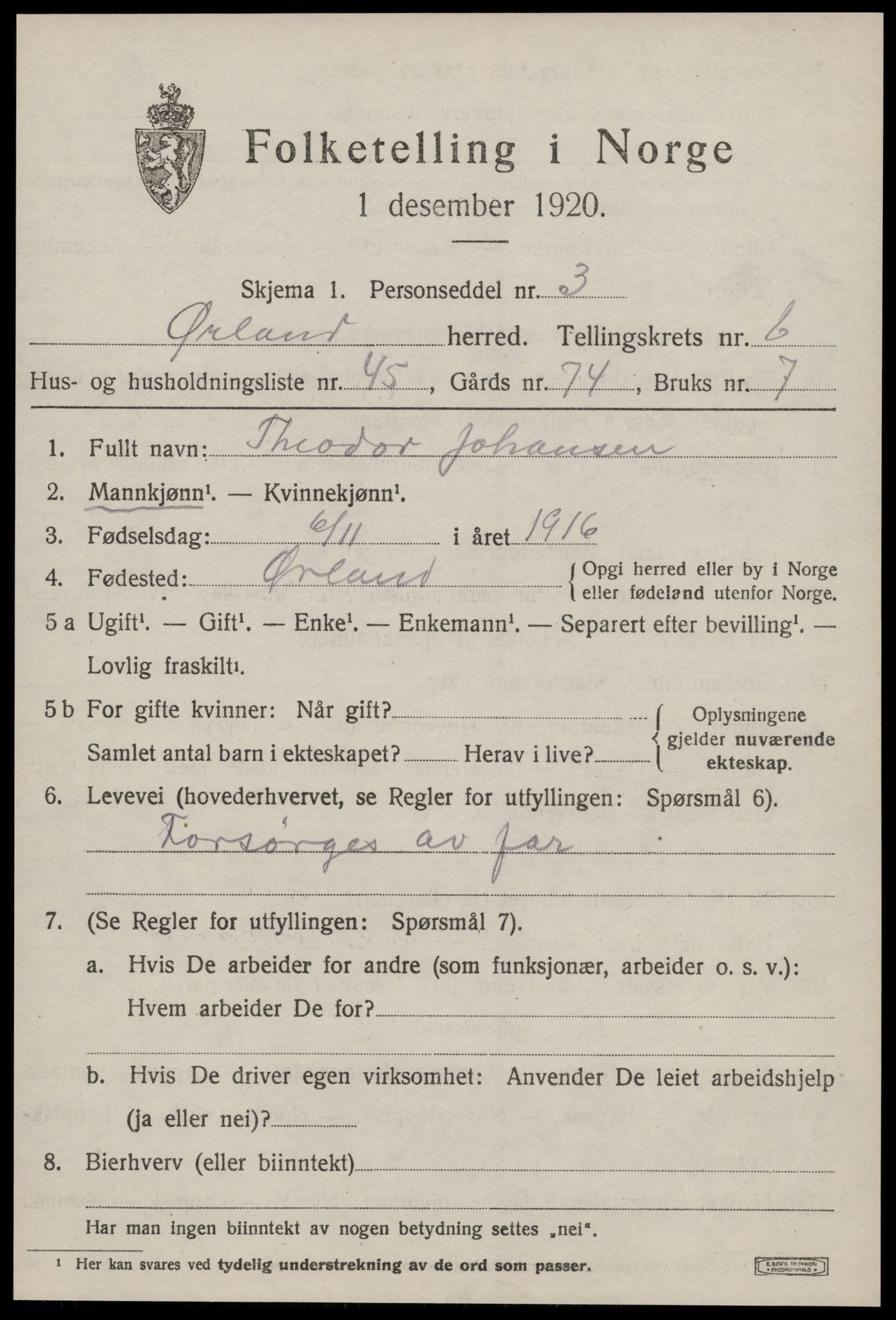 SAT, 1920 census for Ørland, 1920, p. 5401