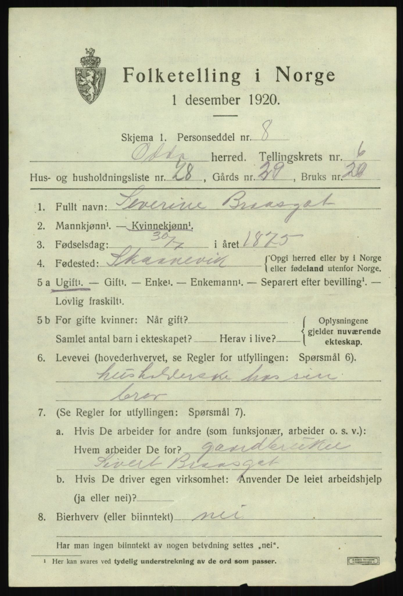 SAB, 1920 census for Odda, 1920, p. 4873