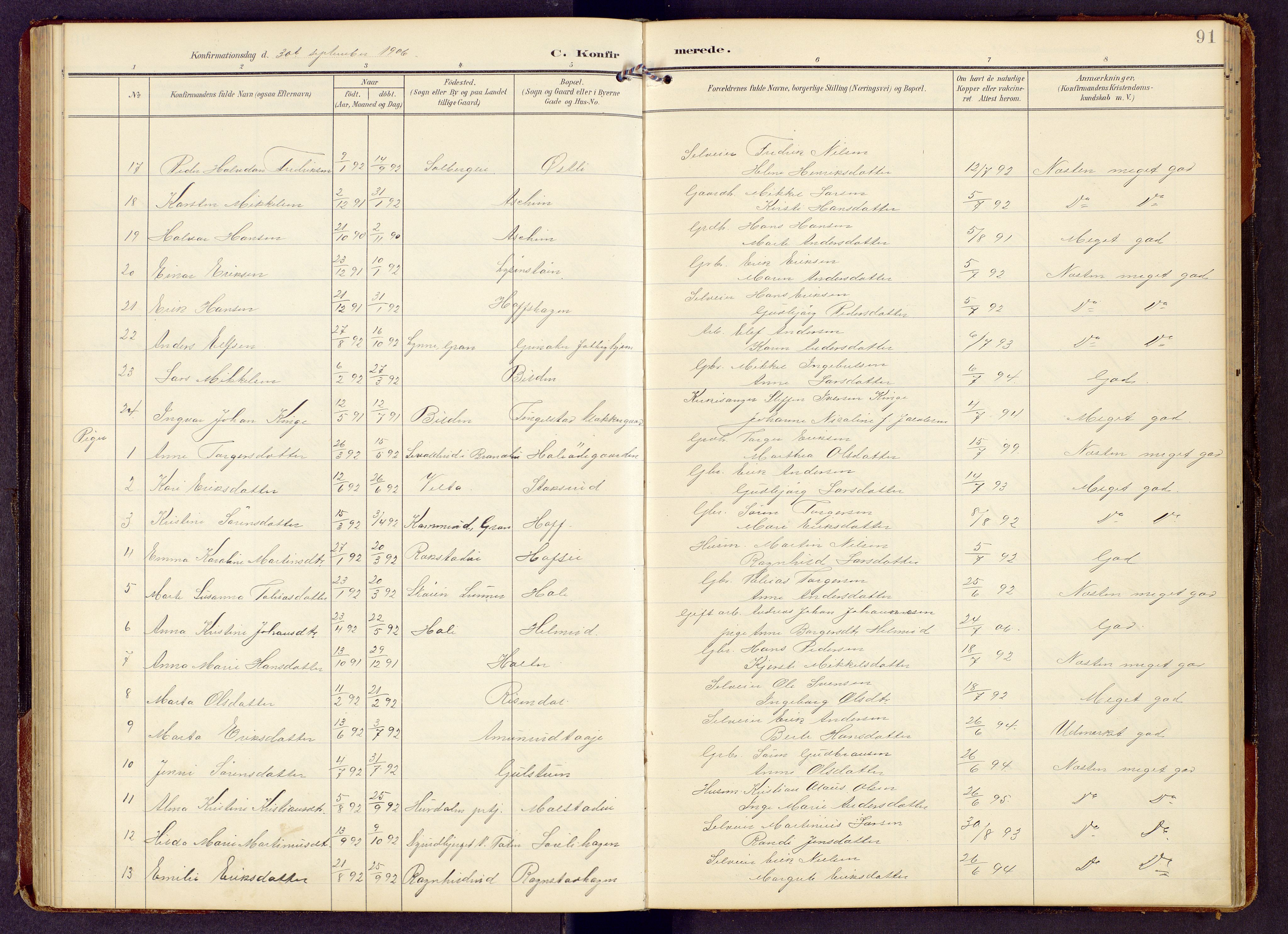 Brandbu prestekontor, SAH/PREST-114/H/Ha/Hab/L0009: Parish register (copy) no. 9, 1903-1916, p. 91