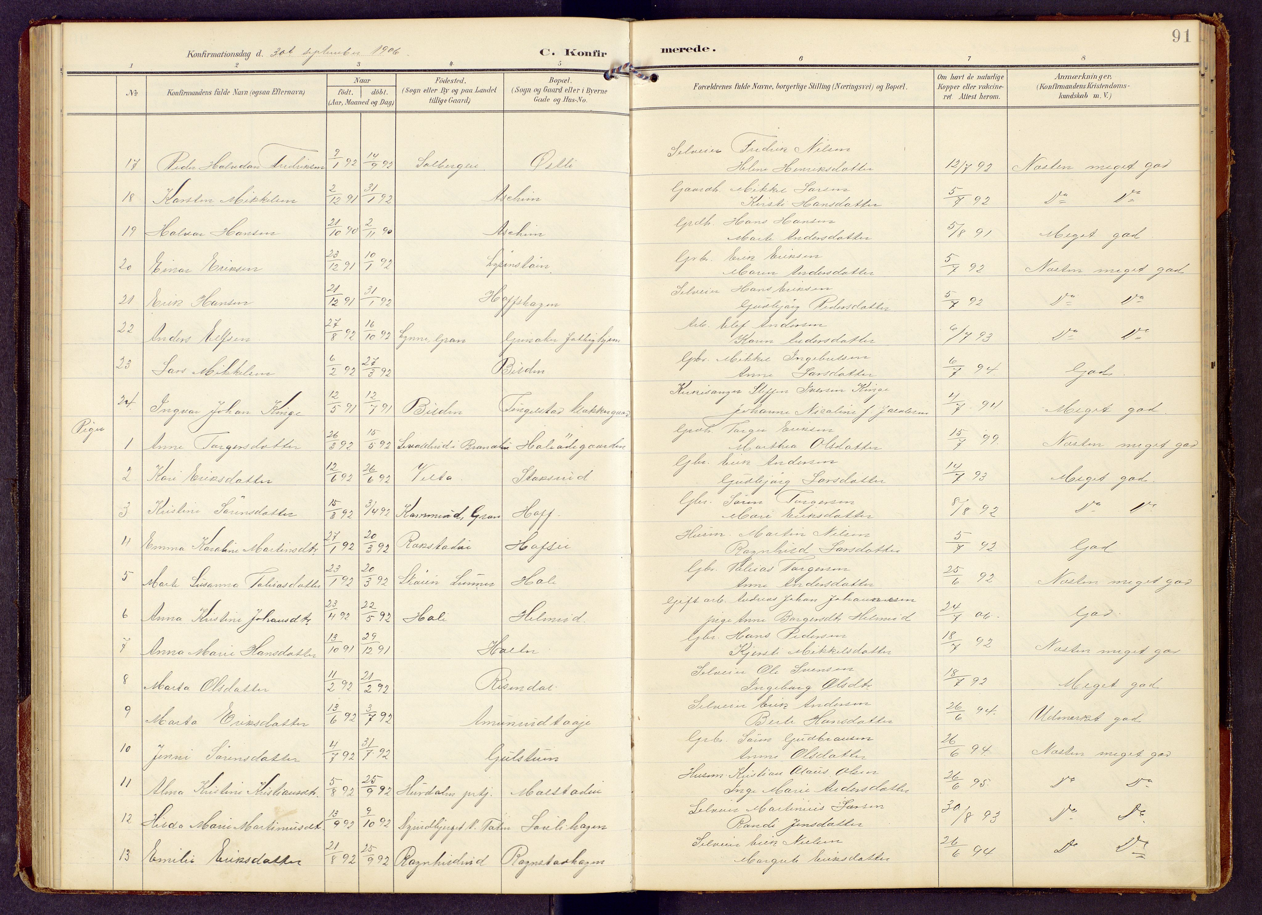 Brandbu prestekontor, AV/SAH-PREST-114/H/Ha/Hab/L0009: Parish register (copy) no. 9, 1903-1916, p. 91