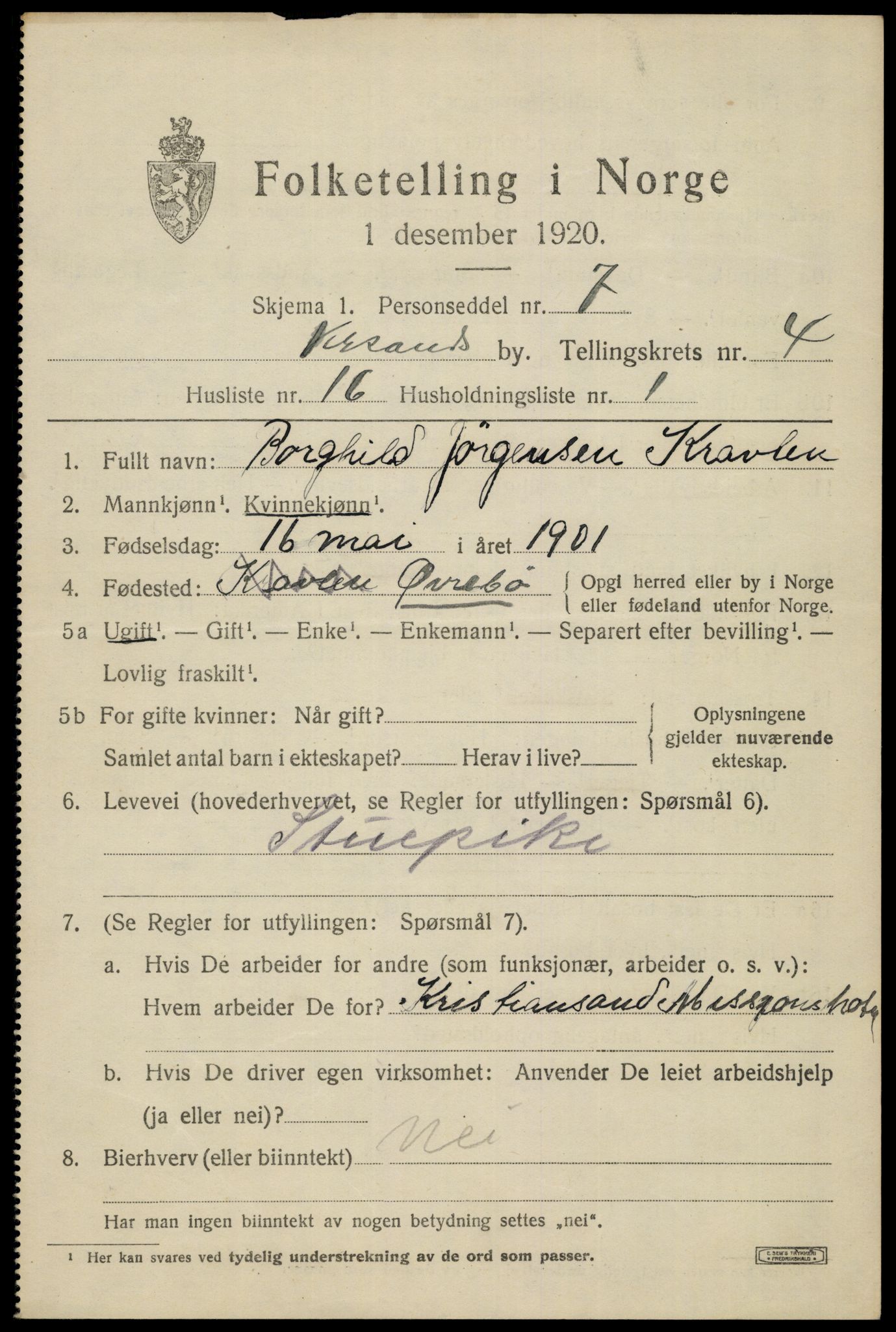 SAK, 1920 census for Kristiansand, 1920, p. 15651