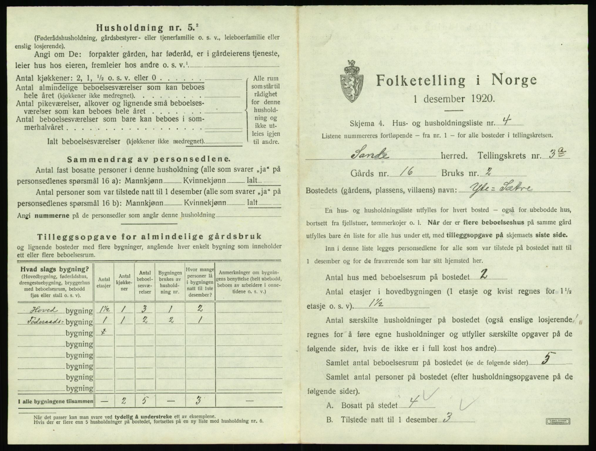 SAT, 1920 census for Sande (MR), 1920, p. 216