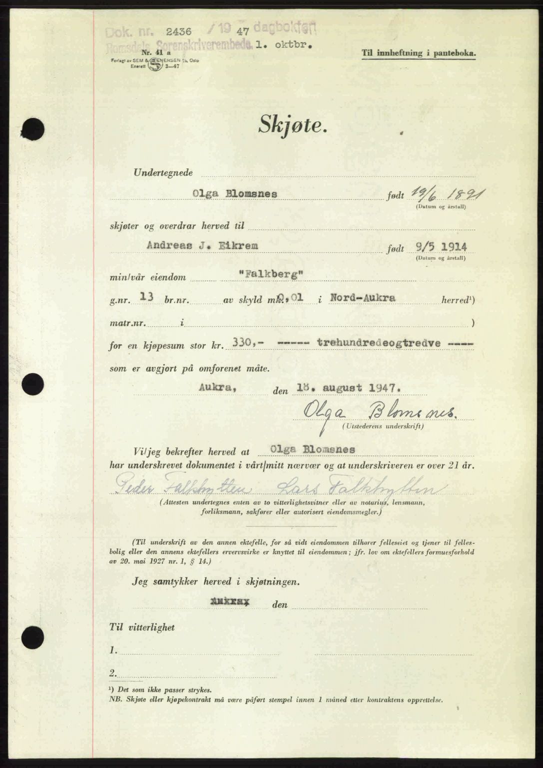 Romsdal sorenskriveri, SAT/A-4149/1/2/2C: Mortgage book no. A24, 1947-1947, Diary no: : 2436/1947