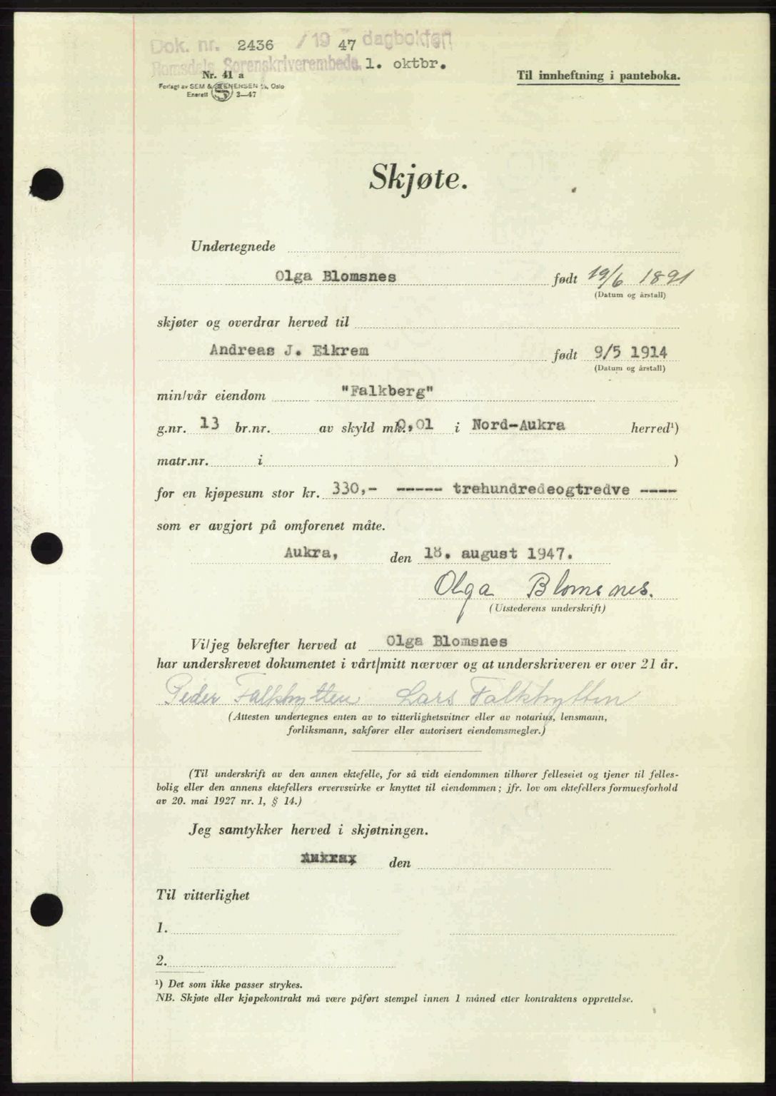 Romsdal sorenskriveri, AV/SAT-A-4149/1/2/2C: Mortgage book no. A24, 1947-1947, Diary no: : 2436/1947