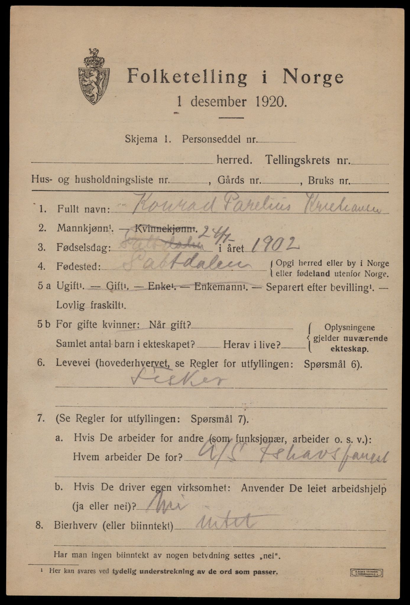 RA, 1920 census: Additional forms, 1920, p. 5633