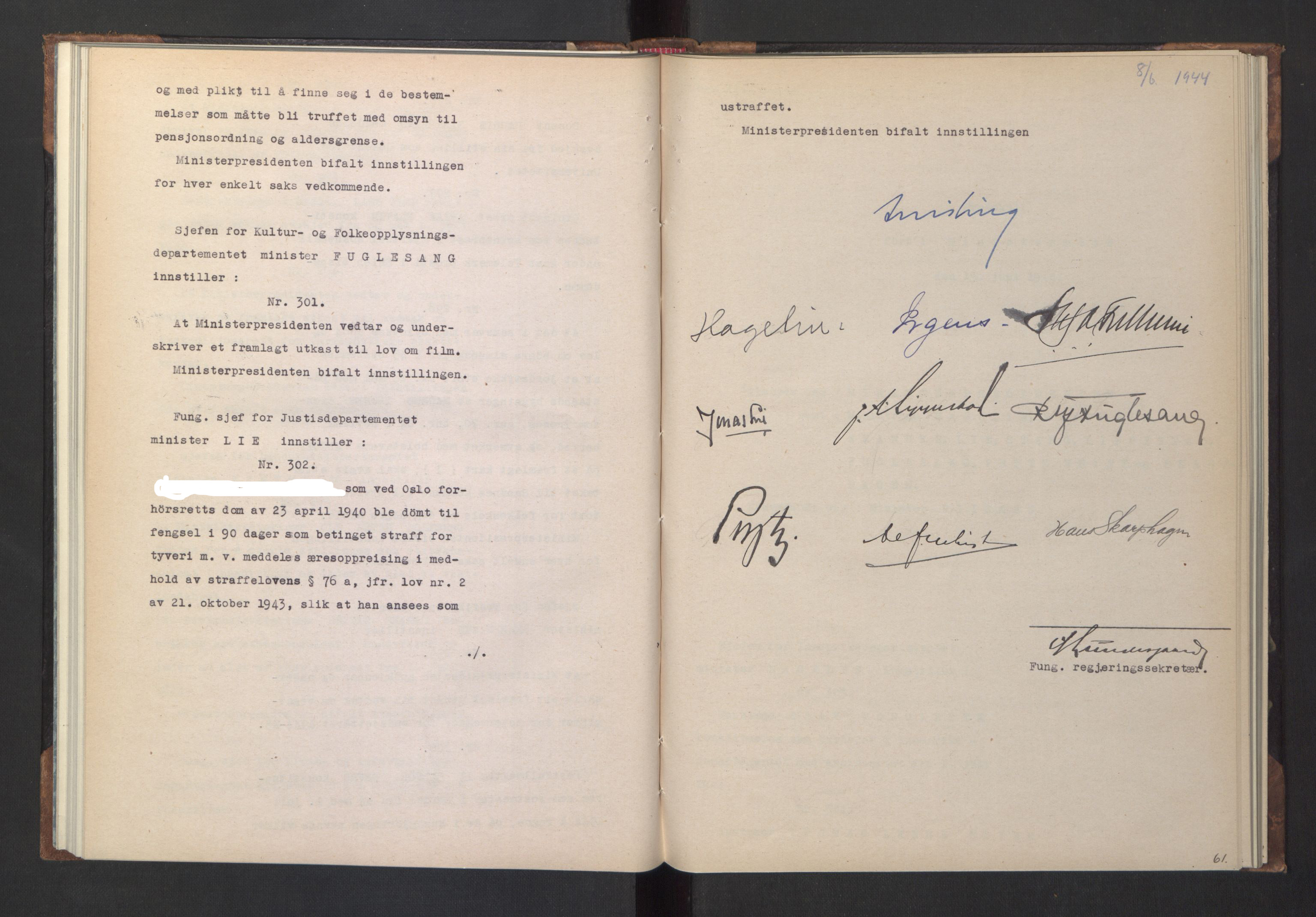 NS-administrasjonen 1940-1945 (Statsrådsekretariatet, de kommisariske statsråder mm), AV/RA-S-4279/D/Da/L0005: Protokoll fra ministermøter, 1944, p. 63