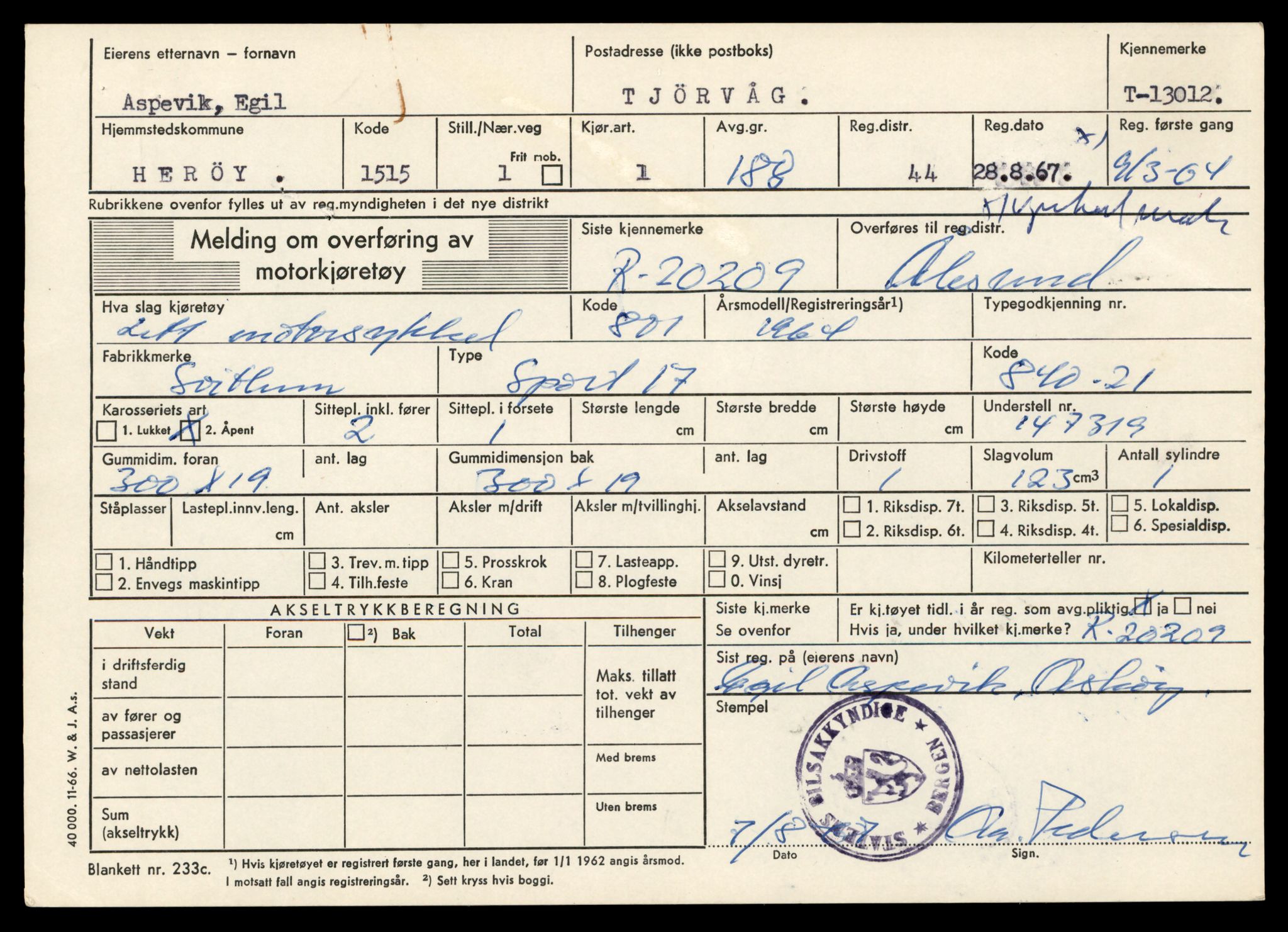 Møre og Romsdal vegkontor - Ålesund trafikkstasjon, SAT/A-4099/F/Fe/L0036: Registreringskort for kjøretøy T 12831 - T 13030, 1927-1998, p. 2799