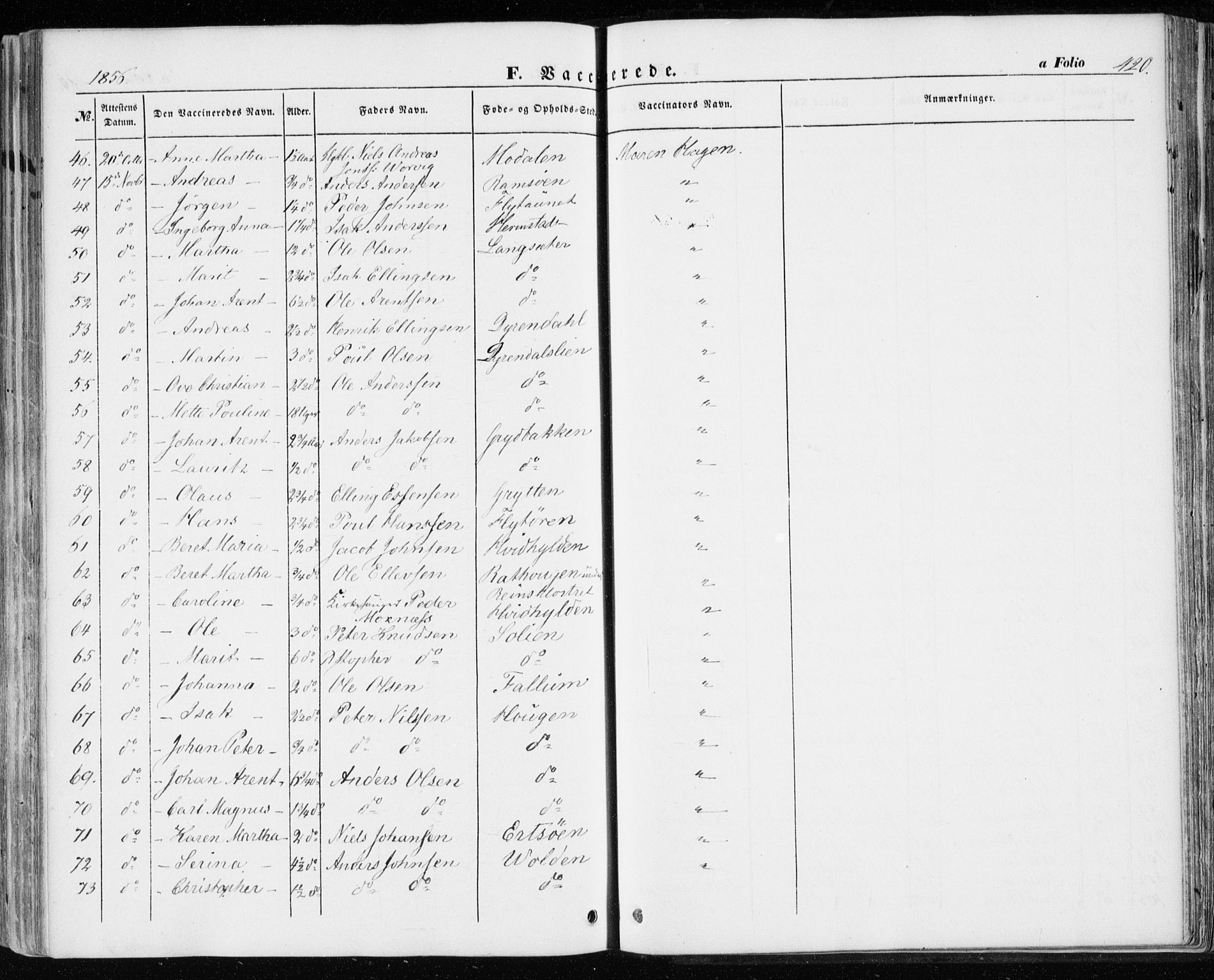 Ministerialprotokoller, klokkerbøker og fødselsregistre - Sør-Trøndelag, AV/SAT-A-1456/646/L0611: Parish register (official) no. 646A09, 1848-1857, p. 420