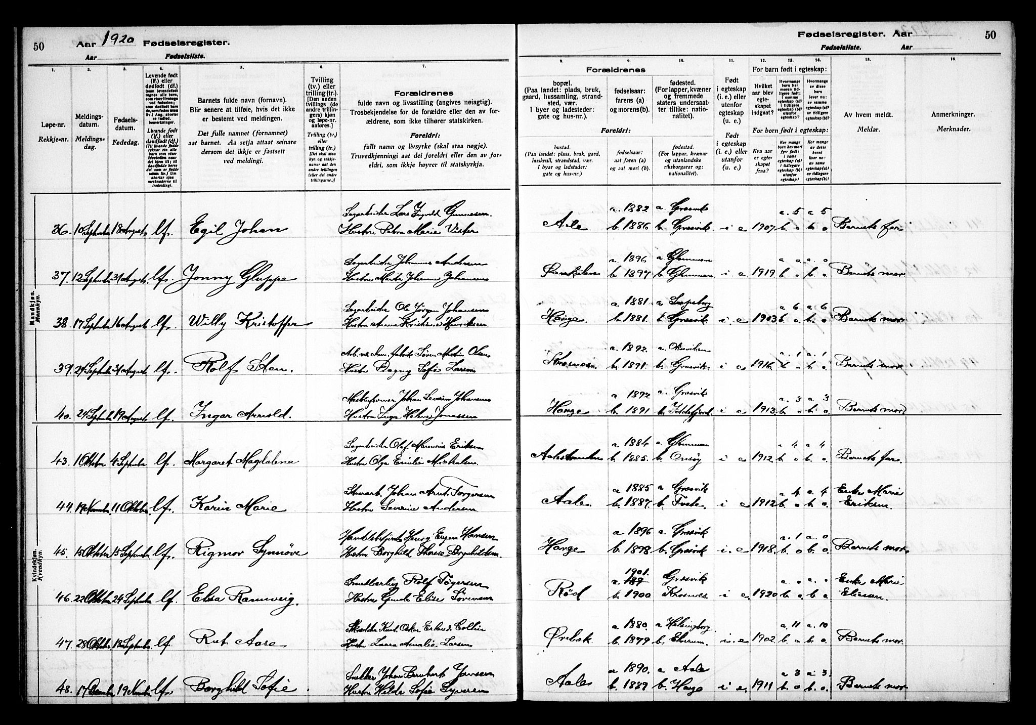 Onsøy prestekontor Kirkebøker, AV/SAO-A-10914/J/Jb/L0001: Birth register no. II 1, 1916-1938, p. 50