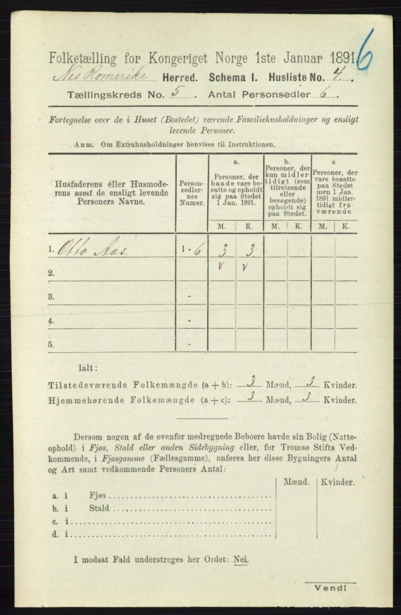 RA, 1891 census for 0236 Nes, 1891, p. 2705