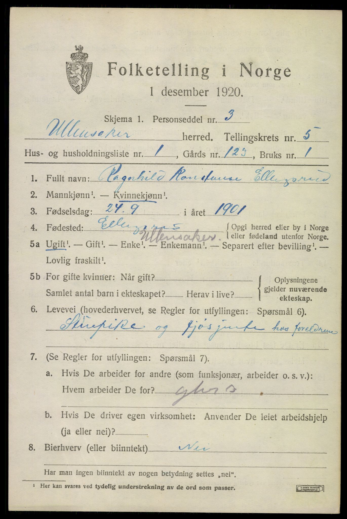 SAO, 1920 census for Ullensaker, 1920, p. 9043