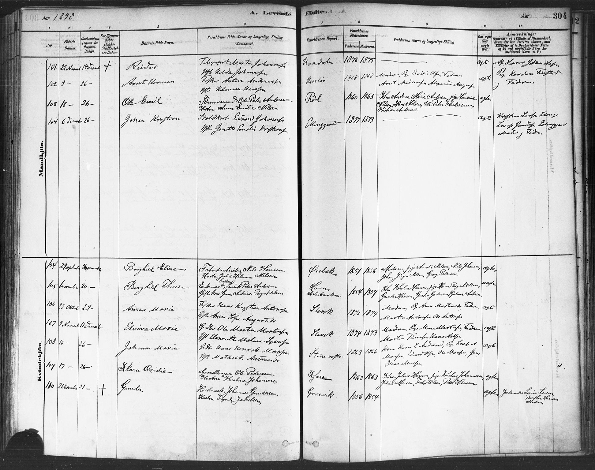 Onsøy prestekontor Kirkebøker, AV/SAO-A-10914/F/Fa/L0005: Parish register (official) no. I 5, 1878-1898, p. 304