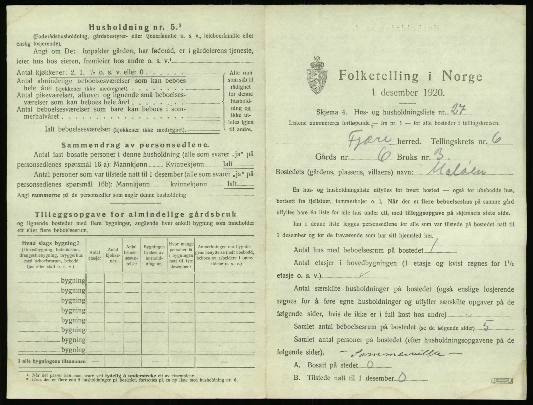 SAK, 1920 census for Fjære, 1920, p. 1241