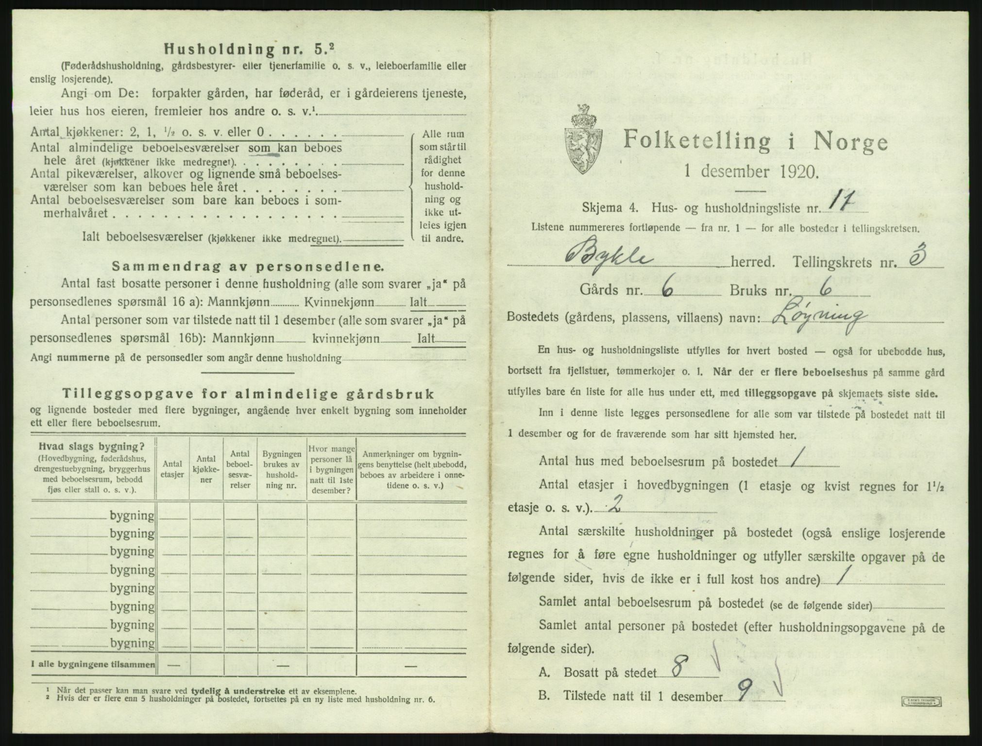SAK, 1920 census for Bykle, 1920, p. 181