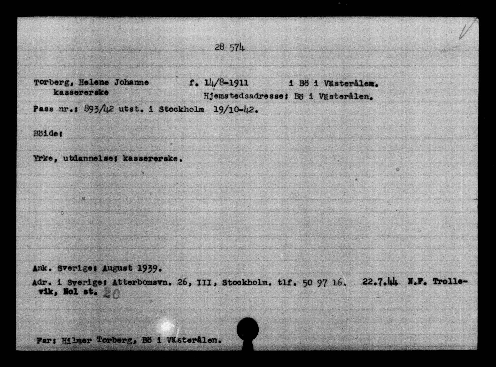 Den Kgl. Norske Legasjons Flyktningskontor, RA/S-6753/V/Va/L0012: Kjesäterkartoteket.  Flyktningenr. 28300-31566, 1940-1945, p. 297