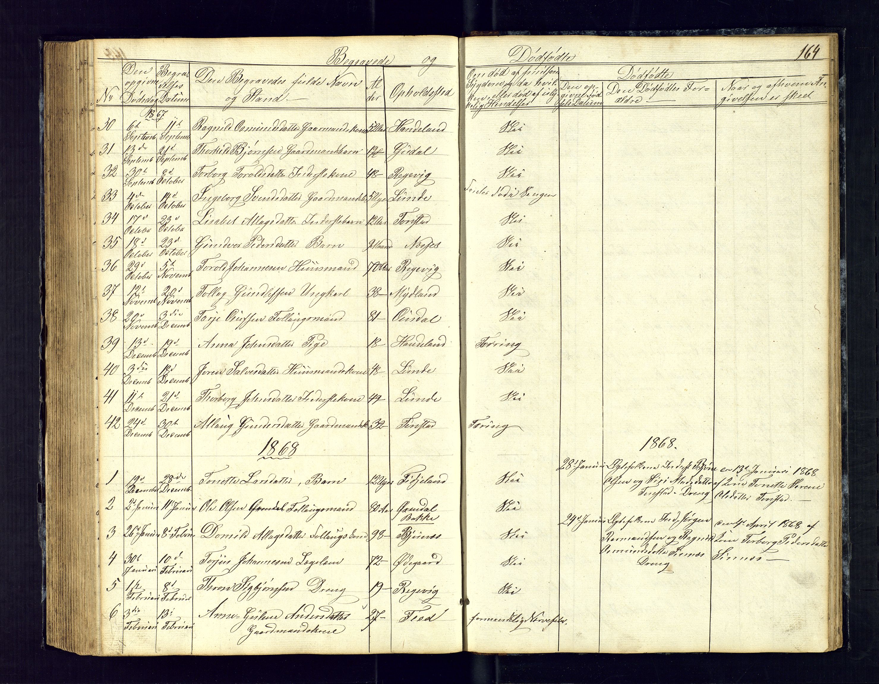 Sirdal sokneprestkontor, SAK/1111-0036/F/Fb/Fbb/L0002: Parish register (copy) no. B-2, 1848-1878, p. 164