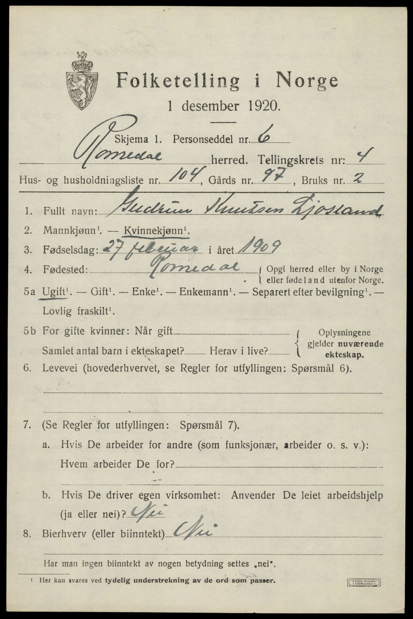 SAH, 1920 census for Romedal, 1920, p. 6937