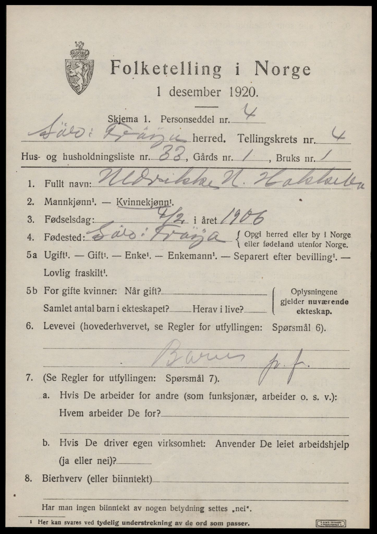 SAT, 1920 census for Sør-Frøya, 1920, p. 3719