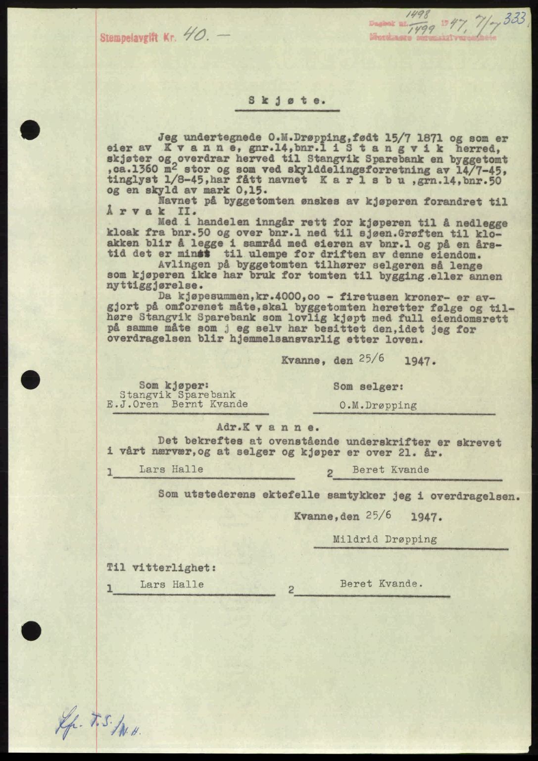 Nordmøre sorenskriveri, AV/SAT-A-4132/1/2/2Ca: Mortgage book no. A105, 1947-1947, Diary no: : 1498/1947