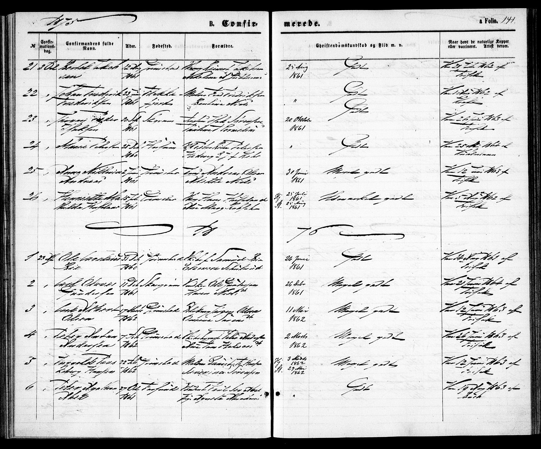 Grimstad sokneprestkontor, AV/SAK-1111-0017/F/Fa/L0002: Parish register (official) no. A 1, 1869-1881, p. 141