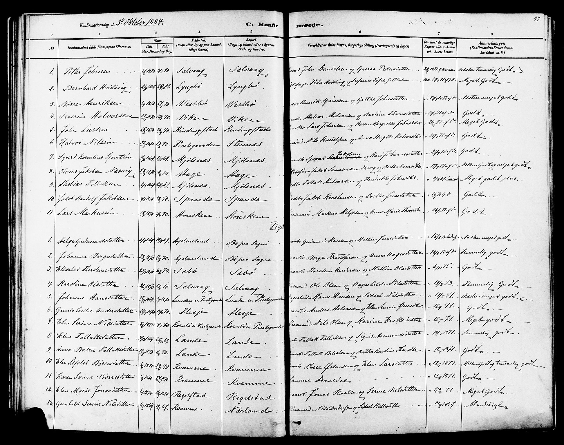 Finnøy sokneprestkontor, SAST/A-101825/H/Ha/Haa/L0010: Parish register (official) no. A 10, 1879-1890, p. 47