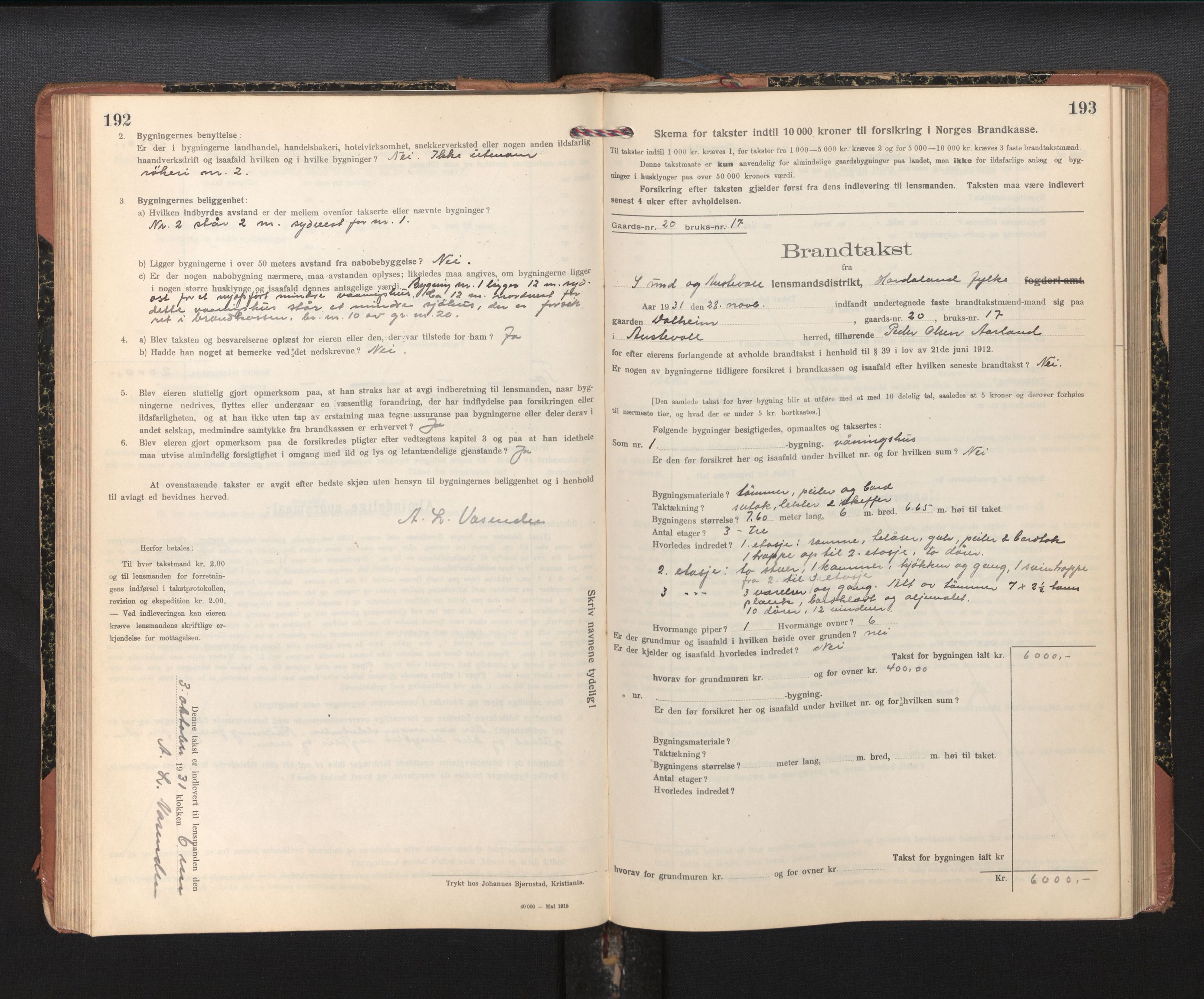 Lensmannen i Sund og Austevoll, SAB/A-35201/0012/L0004: Branntakstprotokoll, skjematakst, 1917-1949, p. 192-193
