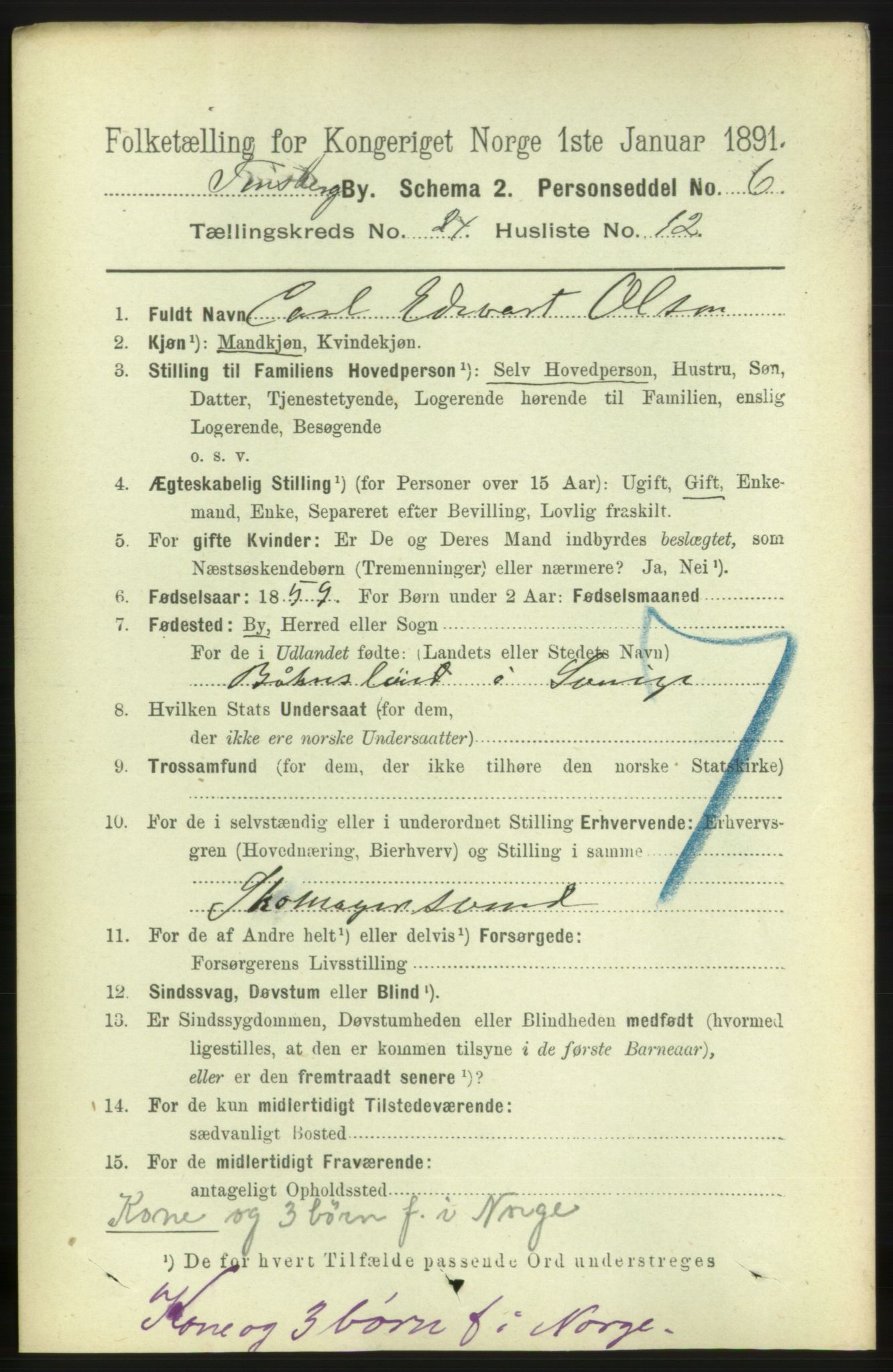 RA, 1891 census for 0705 Tønsberg, 1891, p. 6464