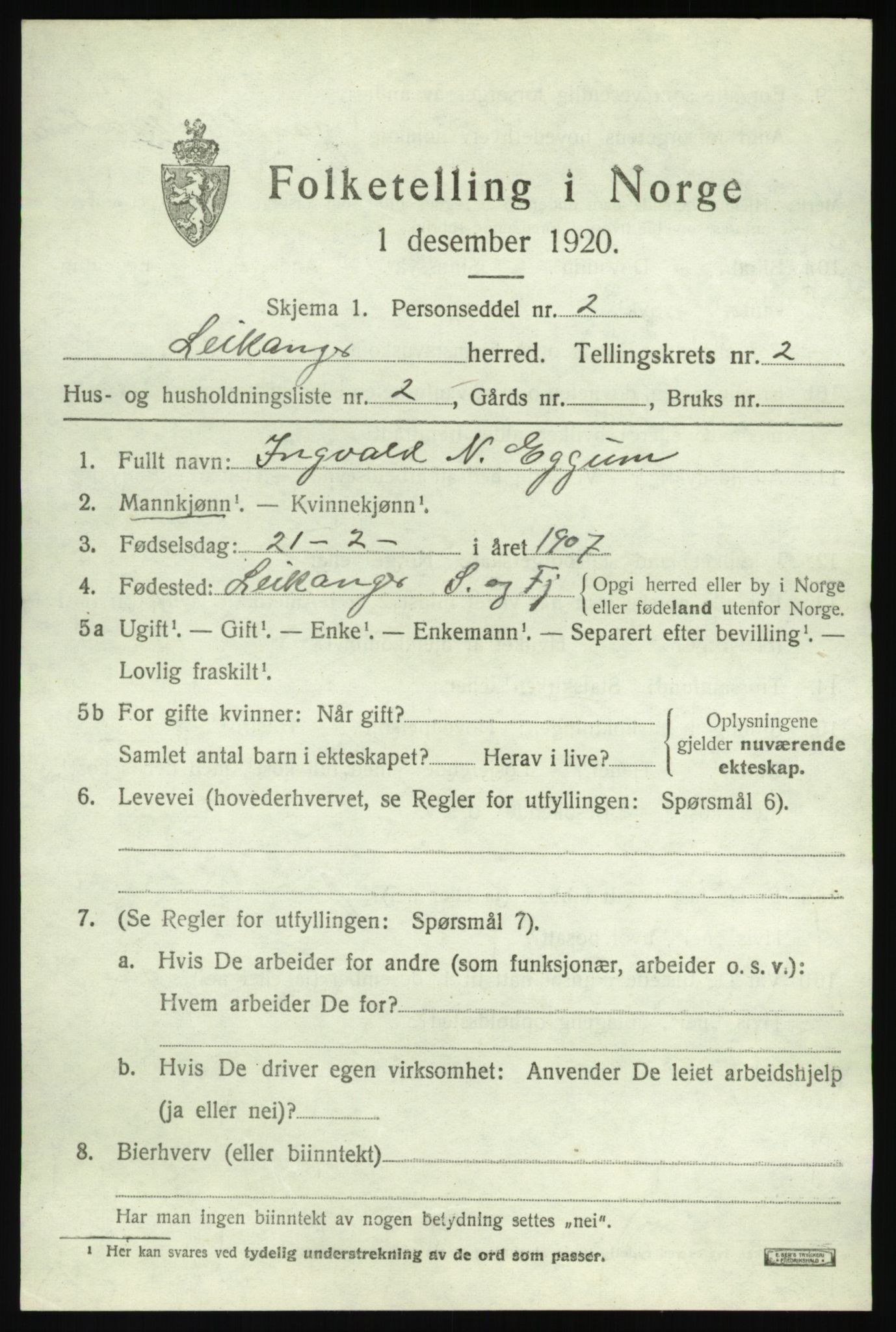 SAB, 1920 census for Leikanger, 1920, p. 1412