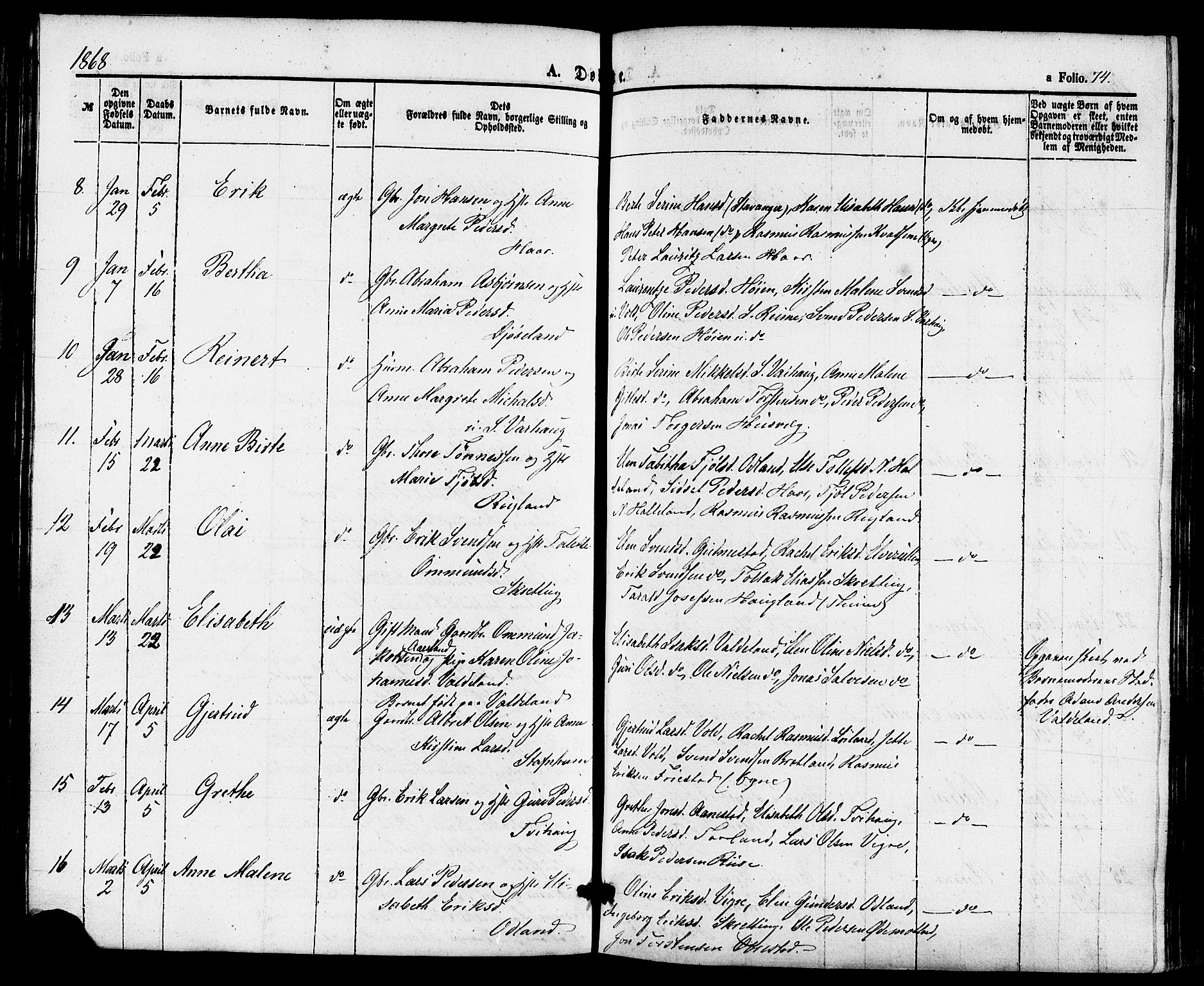 Hå sokneprestkontor, AV/SAST-A-101801/001/30BA/L0009: Parish register (official) no. A 8, 1855-1878, p. 74