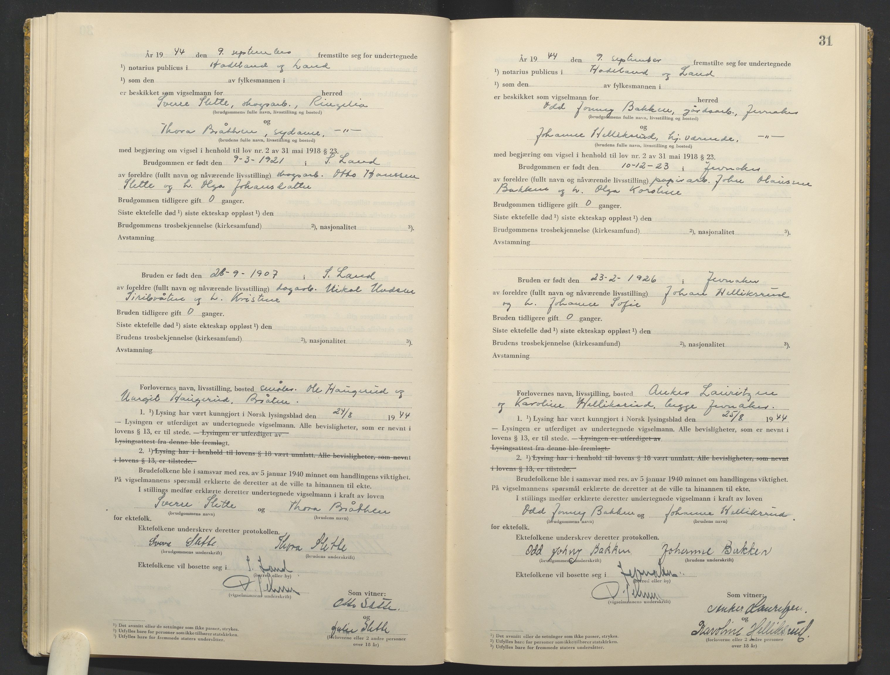 Hadeland og Land tingrett, AV/SAH-TING-010/L/Lb/L0003: Vigselbok, 1944-1946, p. 31