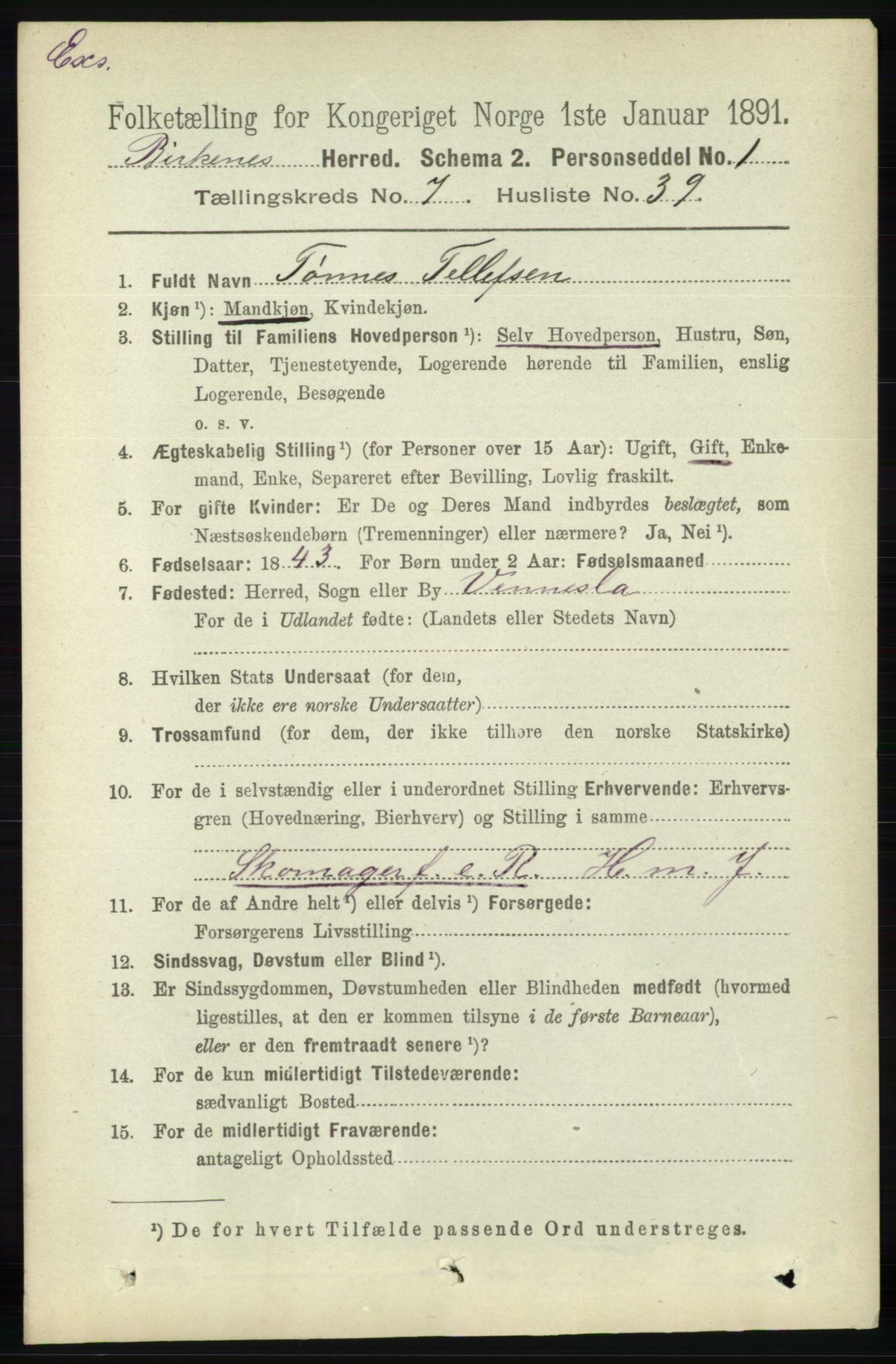 RA, Census 1891 for Nedenes amt: Gjenparter av personsedler for beslektede ektefeller, menn, 1891, p. 904