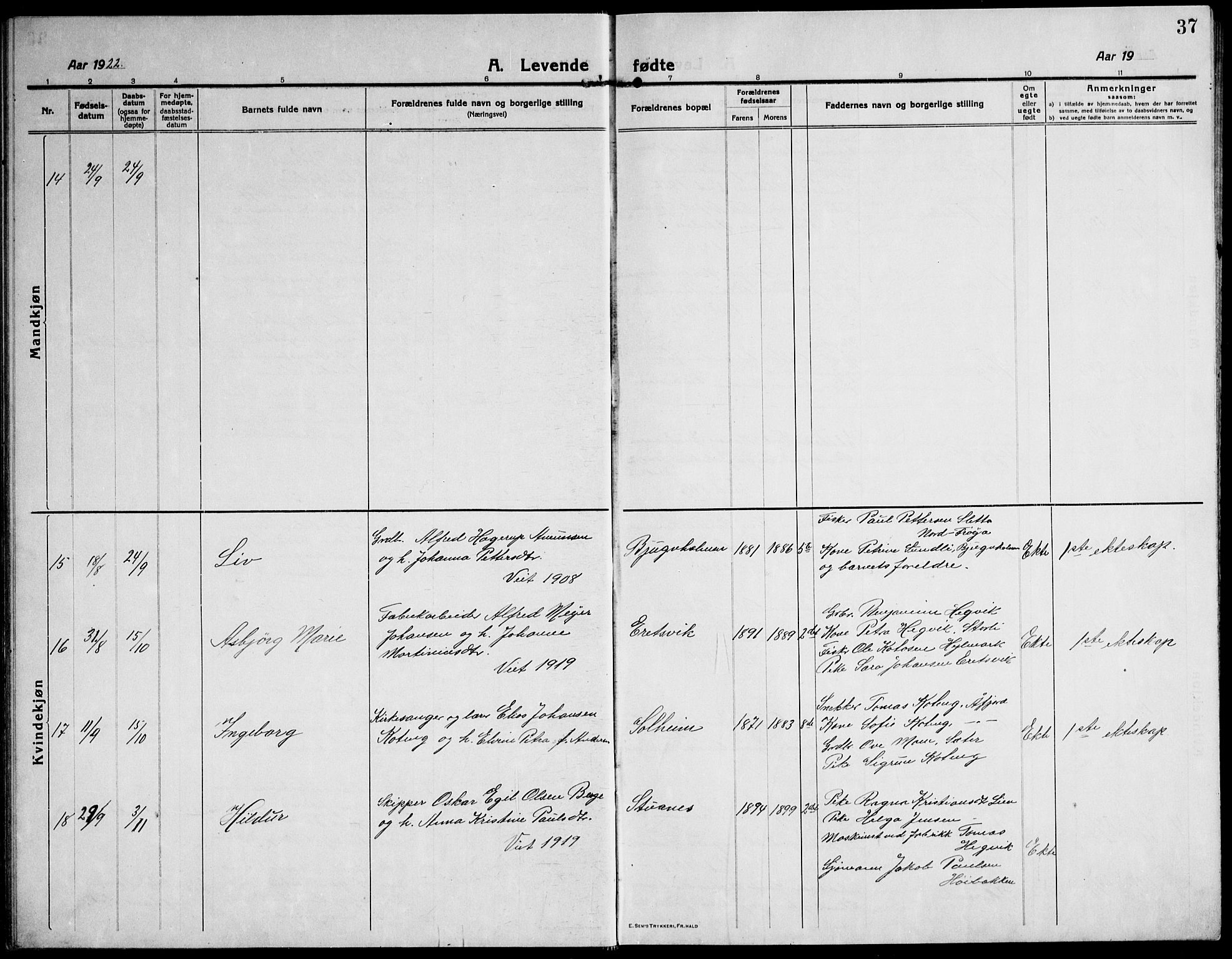 Ministerialprotokoller, klokkerbøker og fødselsregistre - Sør-Trøndelag, SAT/A-1456/651/L0648: Parish register (copy) no. 651C02, 1915-1945, p. 37