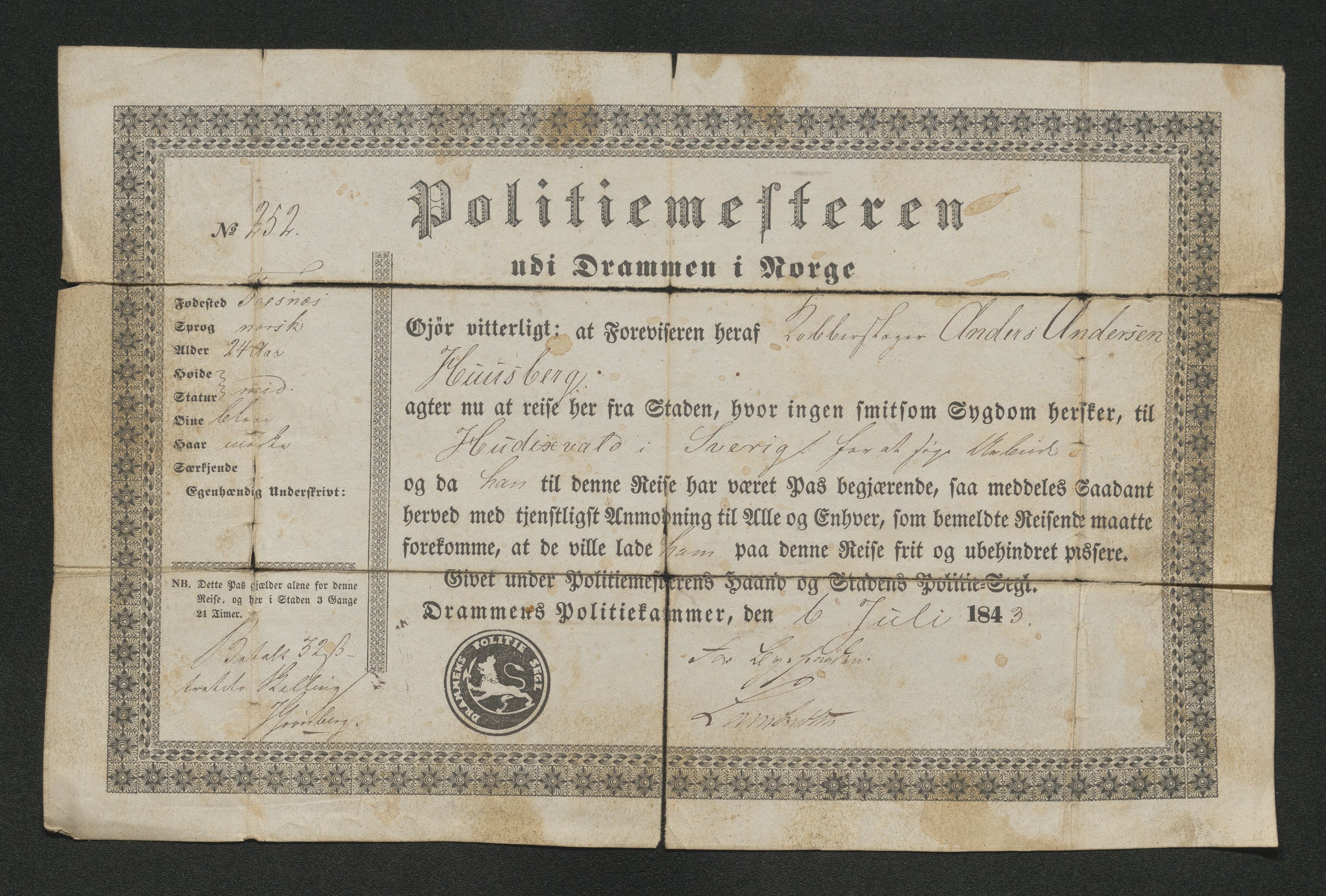 Drammen politikammer, AV/SAKO-A-623/I/Ia/Iab/L0007: Innleverte pass, 1843-1844, p. 537