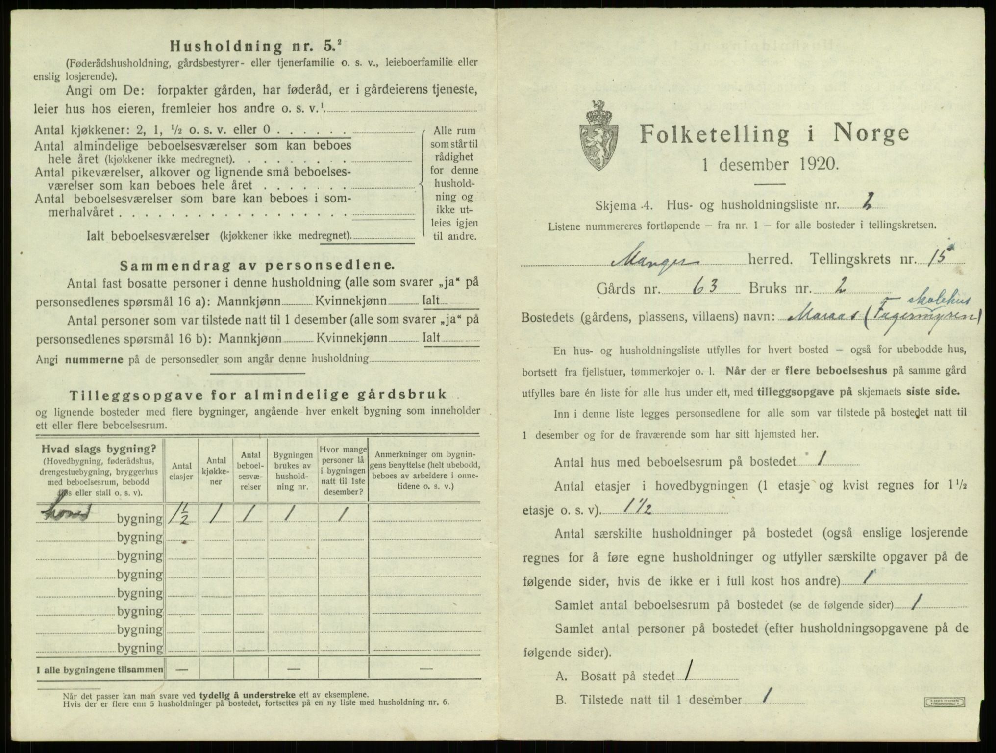 SAB, 1920 census for Manger, 1920, p. 1126