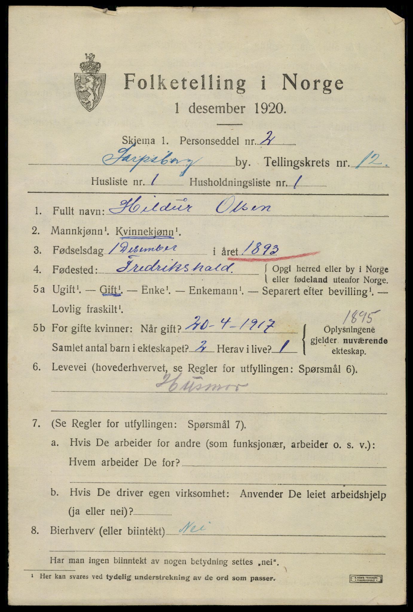 SAO, 1920 census for Sarpsborg, 1920, p. 24386