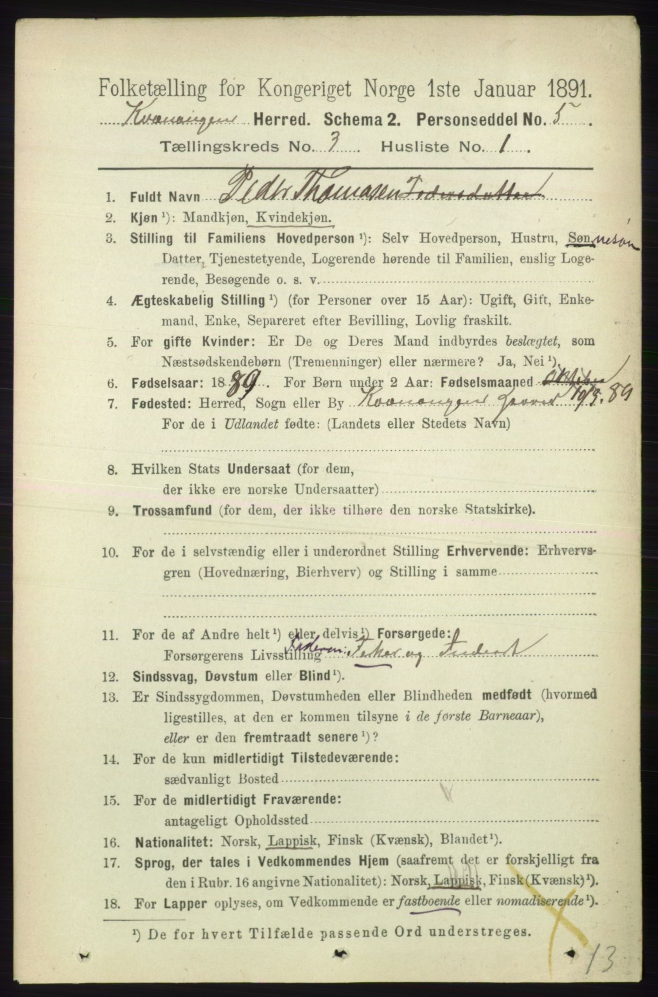 RA, 1891 census for 1943 Kvænangen, 1891, p. 1069